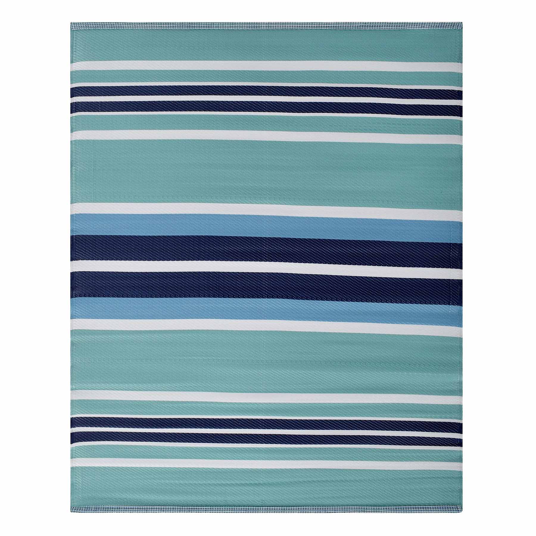 Light Blue Striped Plastic Outdoor Rug, 5x7