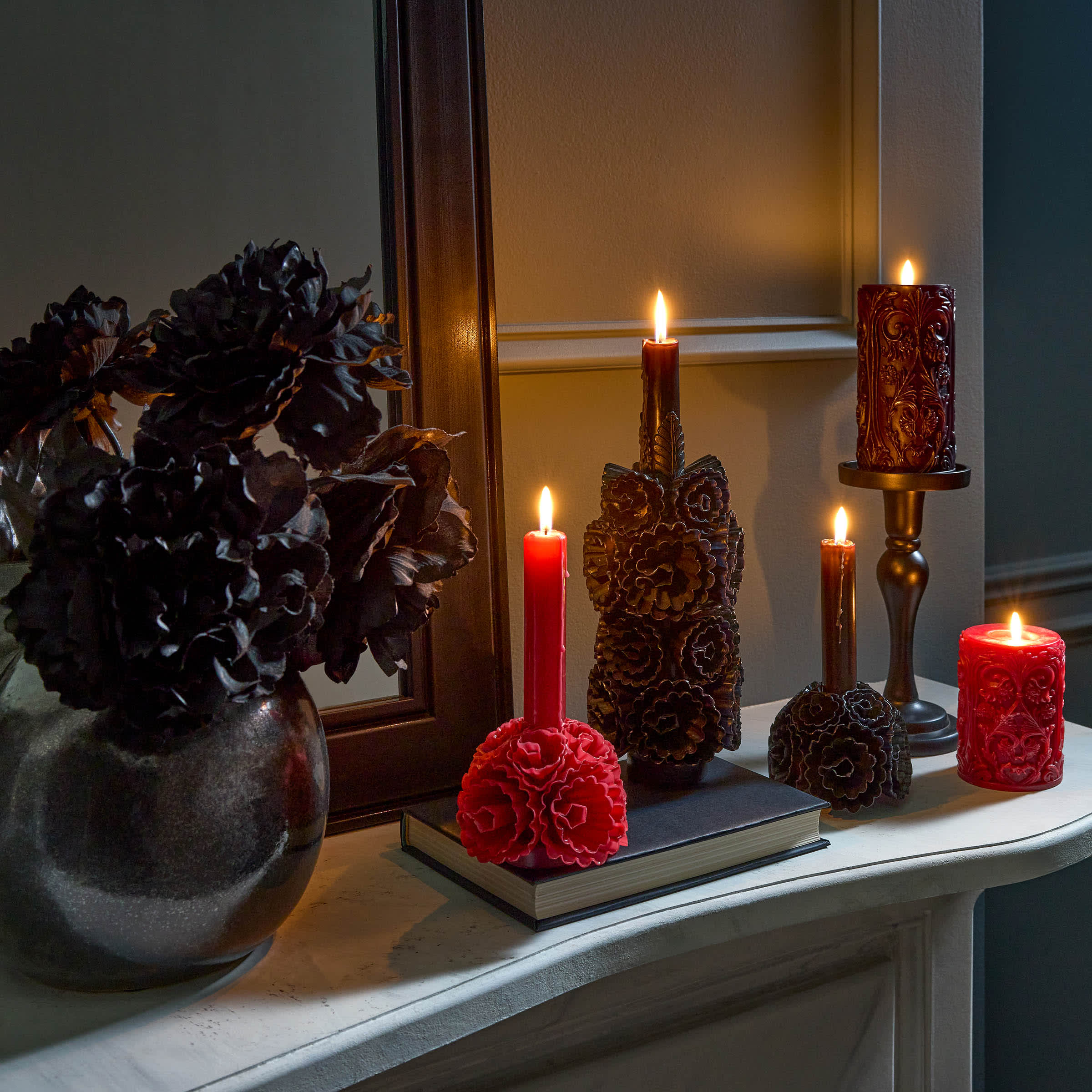 Midnight Shadows Red Ornate Halloween Pillar Candle, 3x4