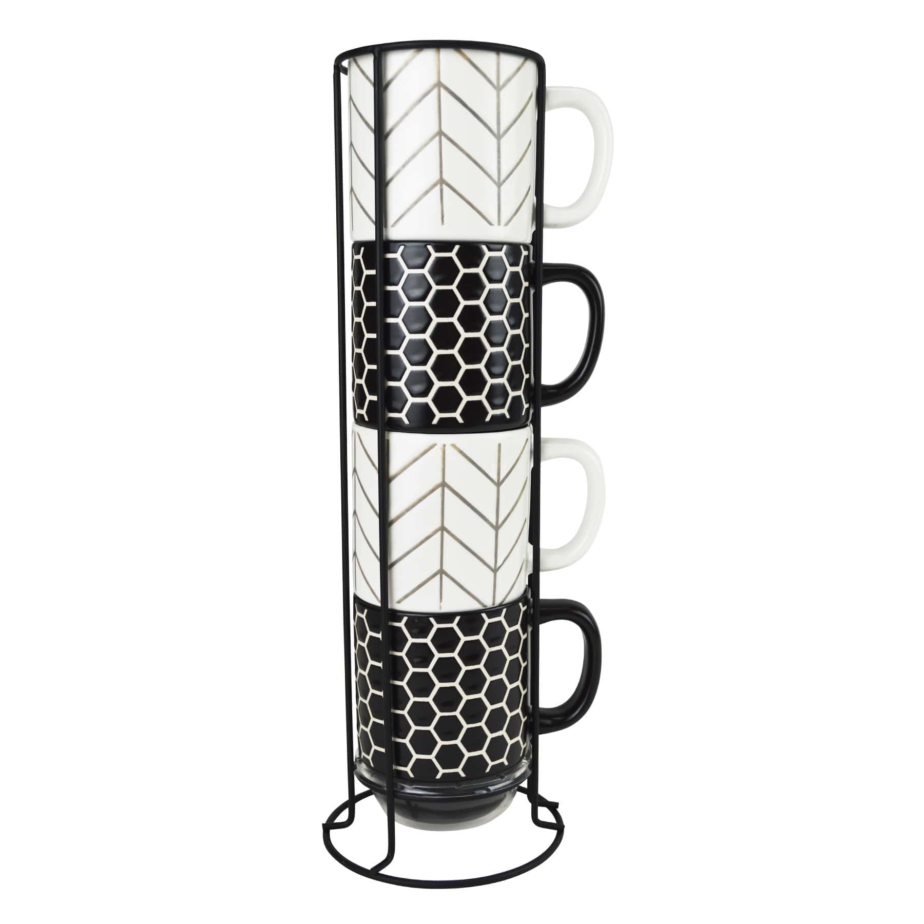 Set of 4 Black & White Tile Mugs, 14oz