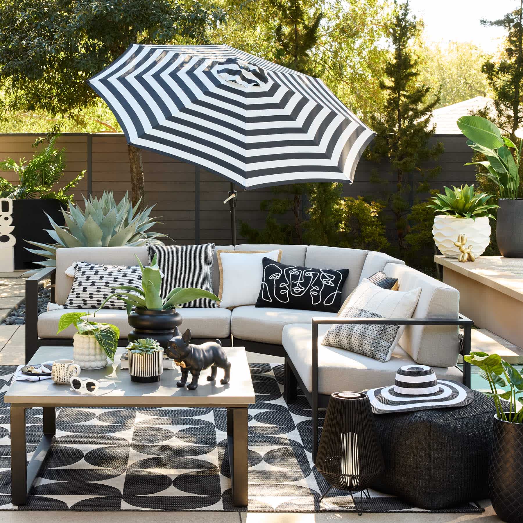 Black Awning Stripe Crank & Tilt Round Patio Umbrella, 9'