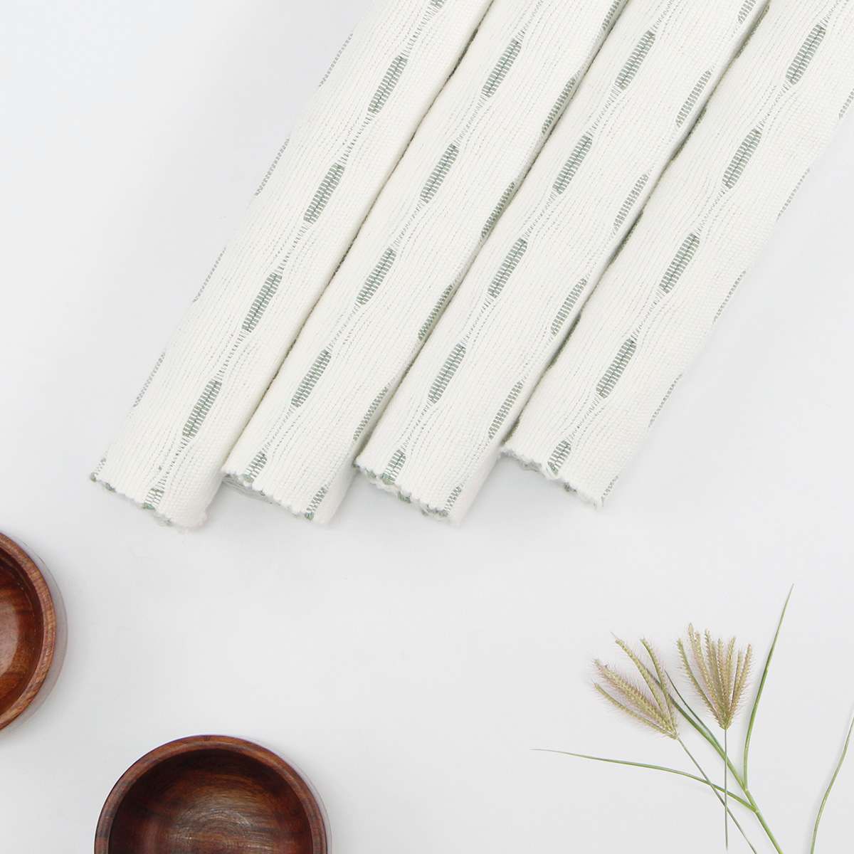 Set of 4 Ivory Reversible Rib Placemats with Green Stripes
