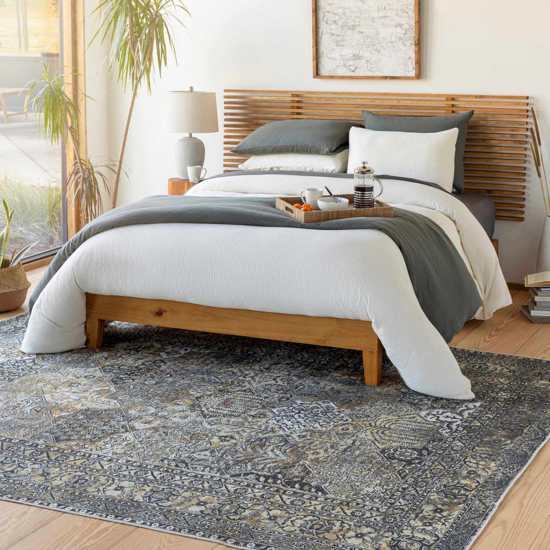 (B881) Tahmis Black & Gold Medallion Washable Area Rug, 8x10