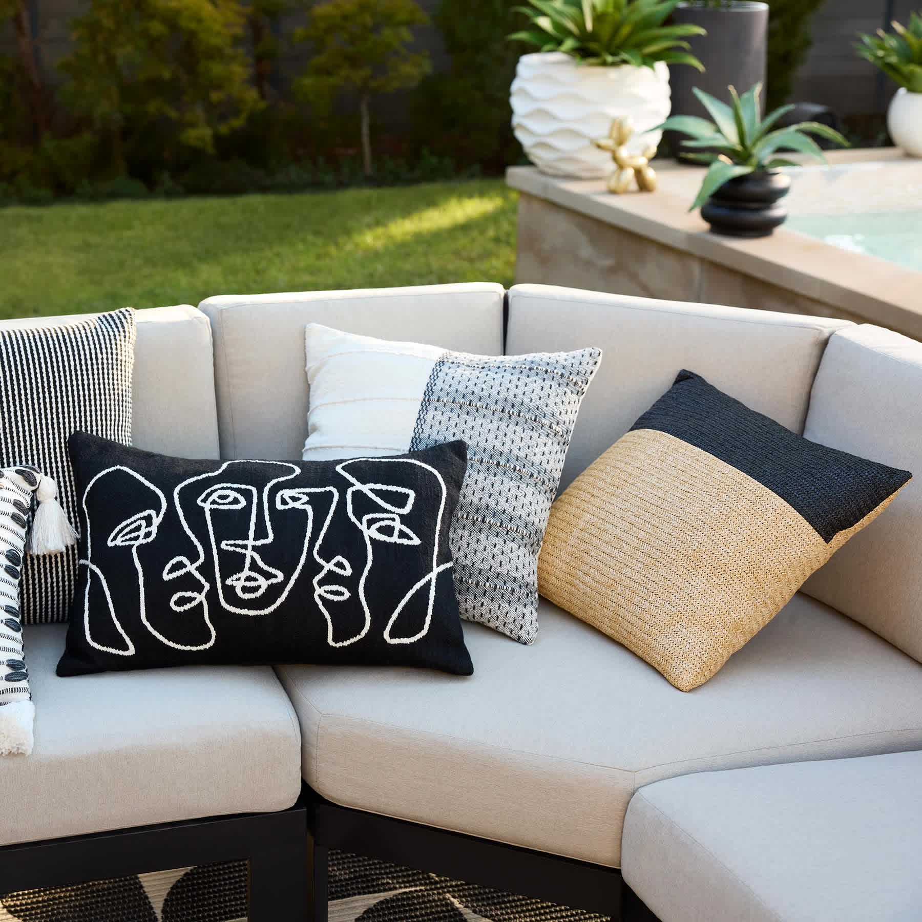 Crosby St. Tan & Black Color Block Textured Square Outdoor Throw Pillow, 18"