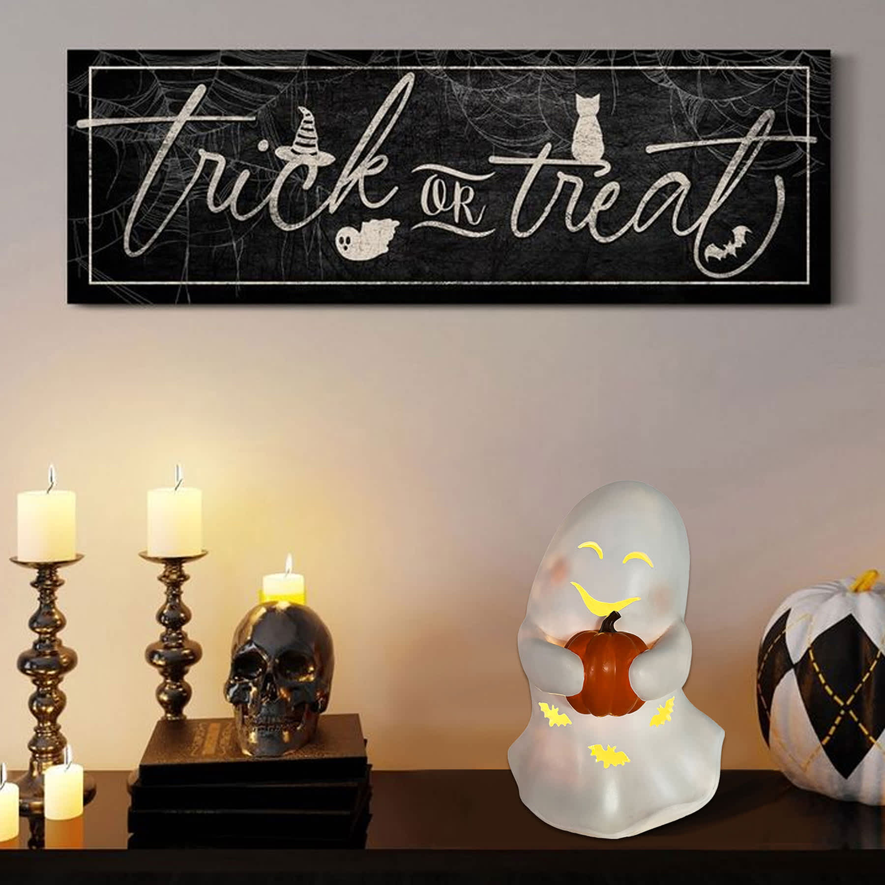 Happy Haunting White Ghost Holding Pumpkin Light, 13.7"