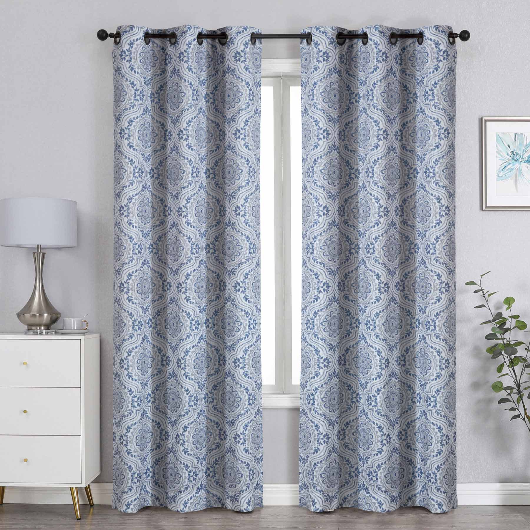 Blue Medallion Light Filtering Grommet Curtain Panel, 84"
