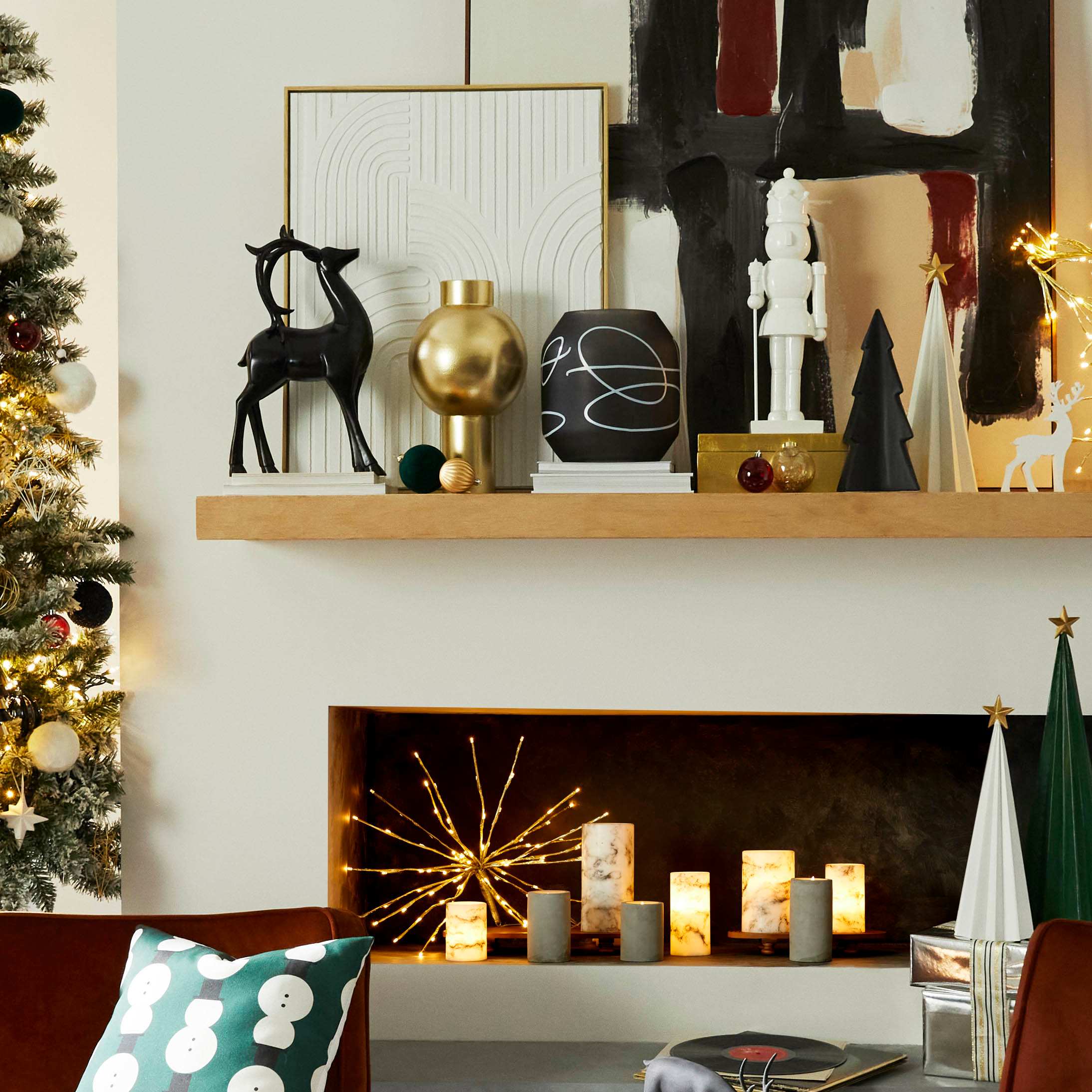 Crosby St. White Marbled Wax LED Pillar Candle with 6 Hour Timer, 4x8