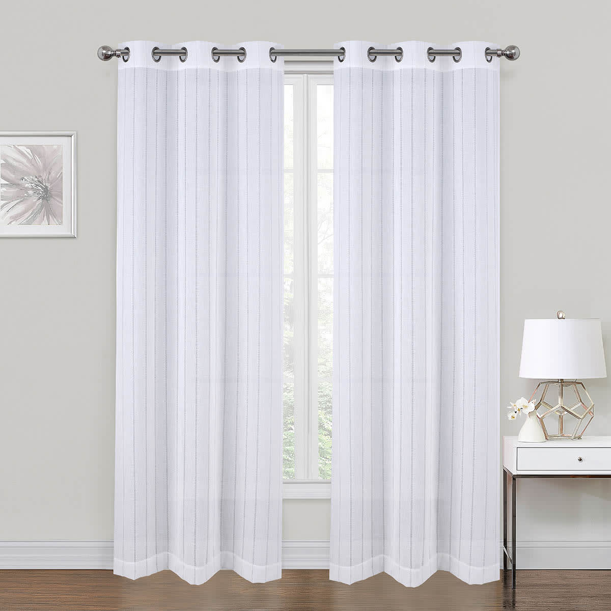 White Hemstitch Sheer Grommet Single Curtain Panel, 84"
