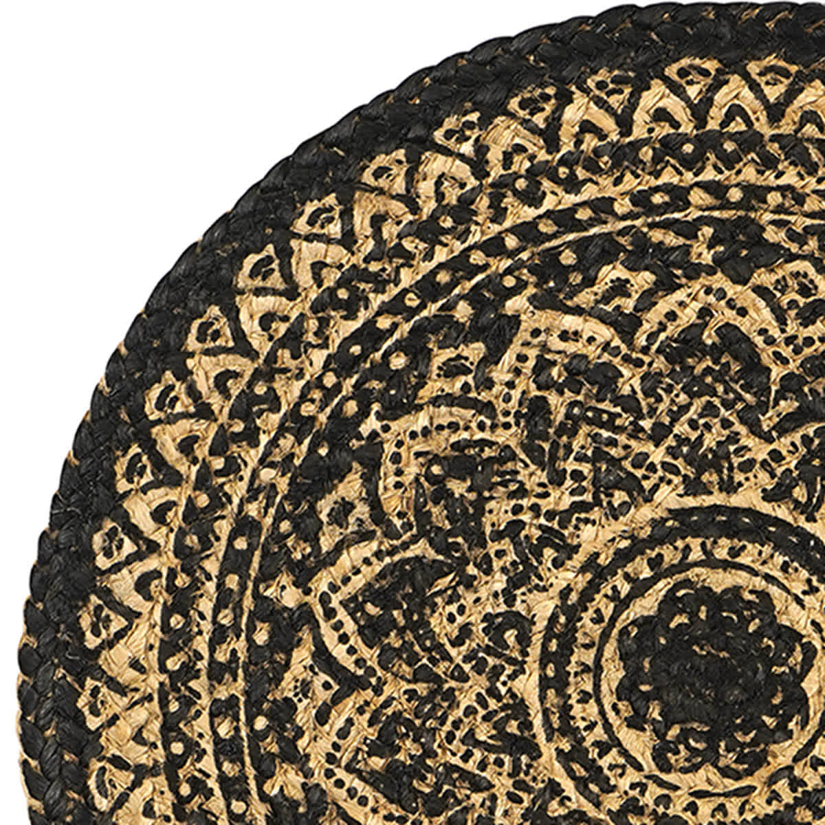 Black Mandala Printed Natural Jute Braided Placemat, 15"