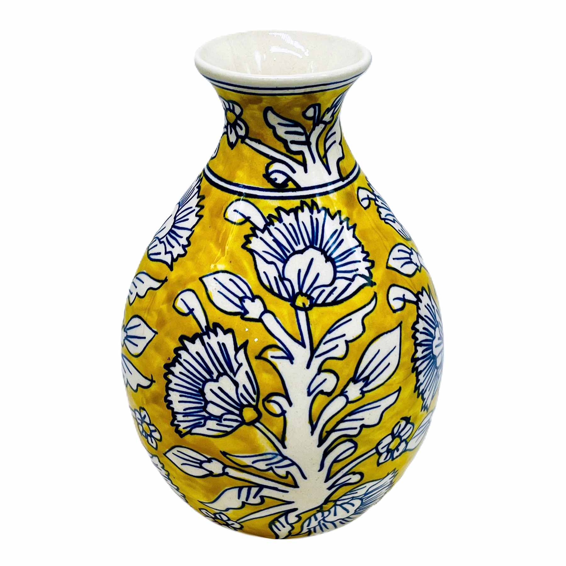 Yellow & Blue Handpainted Floral Ceramic Vase, 8.7"