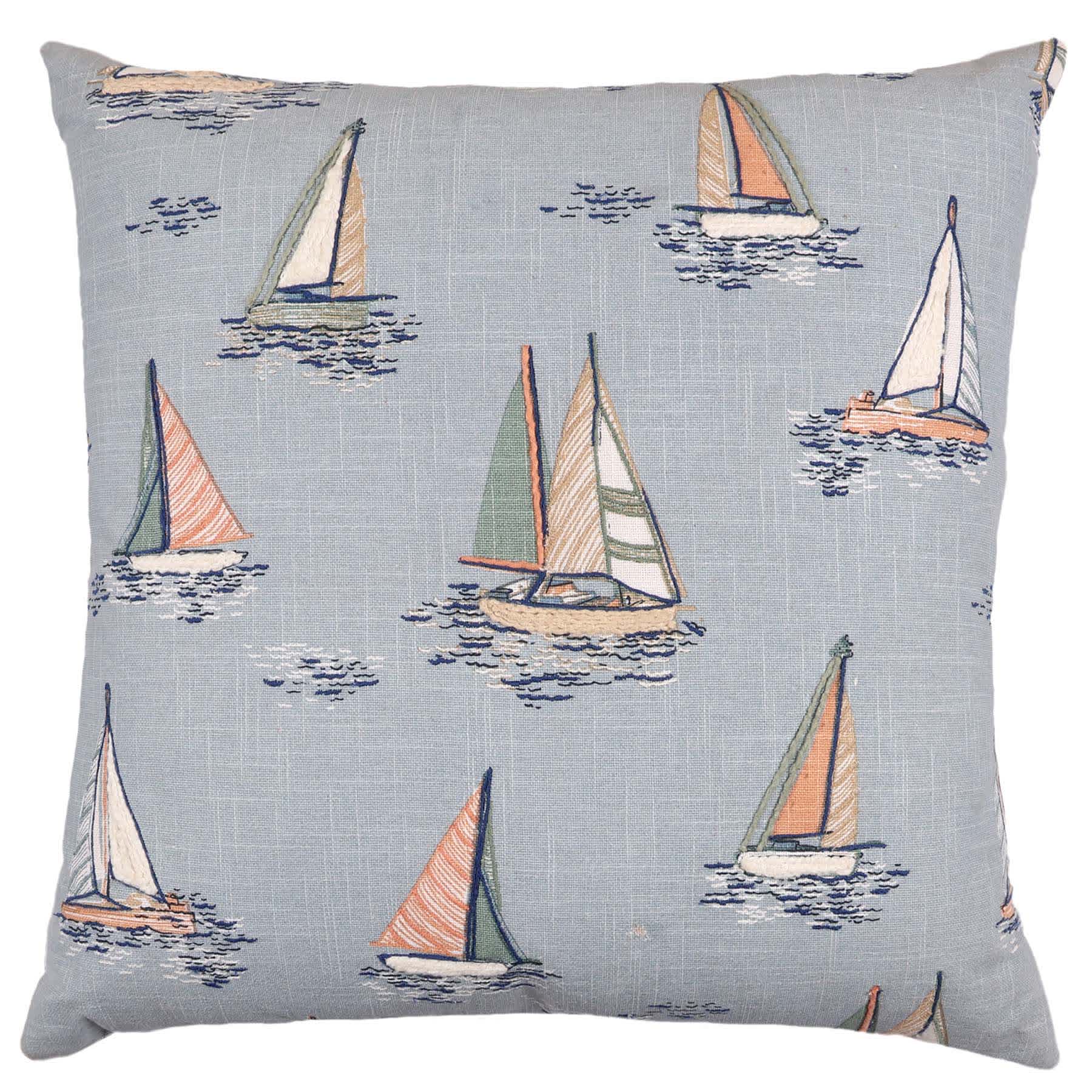 Honeybloom Blue Sailboat Embroidered Throw Pillow, 18"