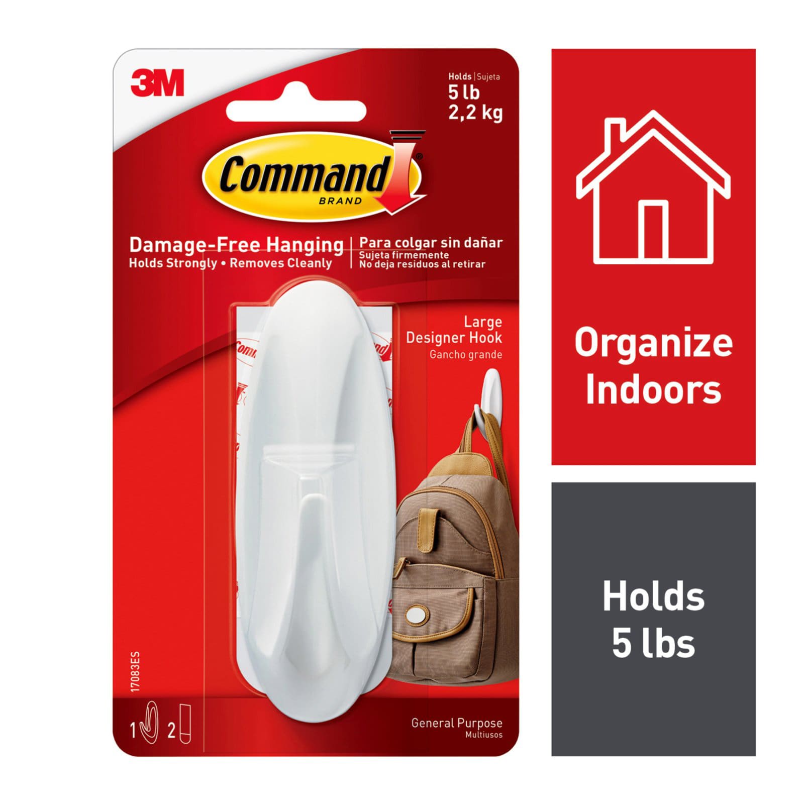Command? Large Designer Hook, 1-Hook, 2-Strips/Pack, White