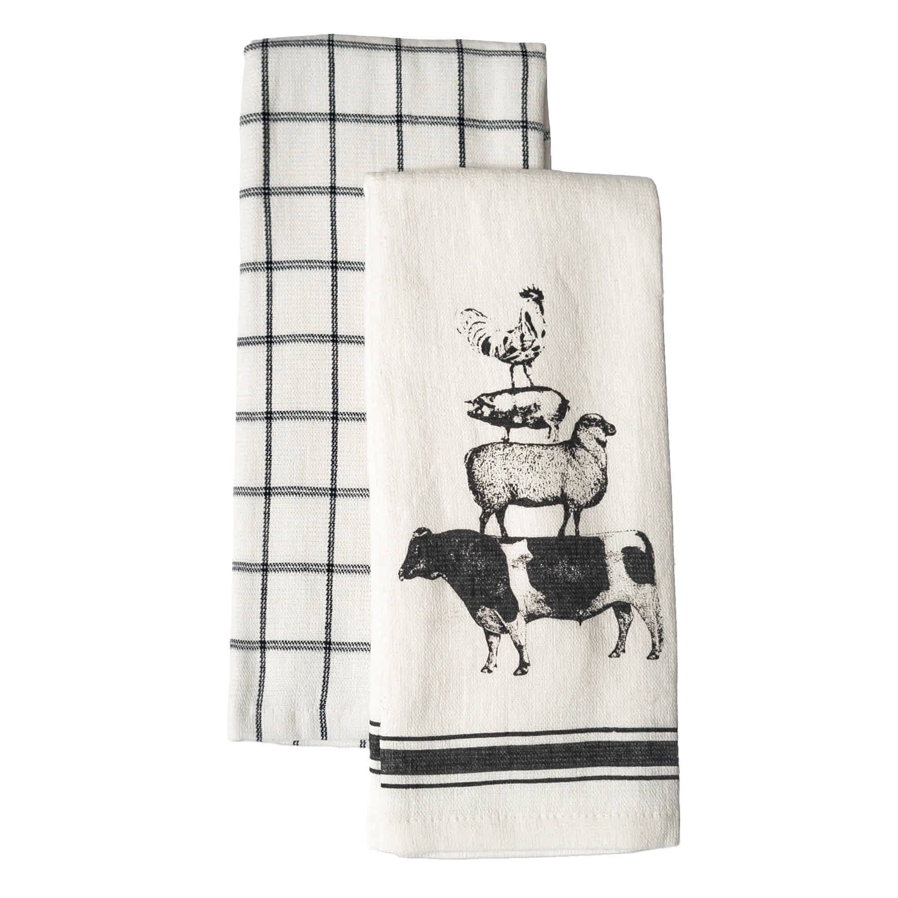 Set of 2 Black Farm Animals Print Terry Cotton Kitchen Towels