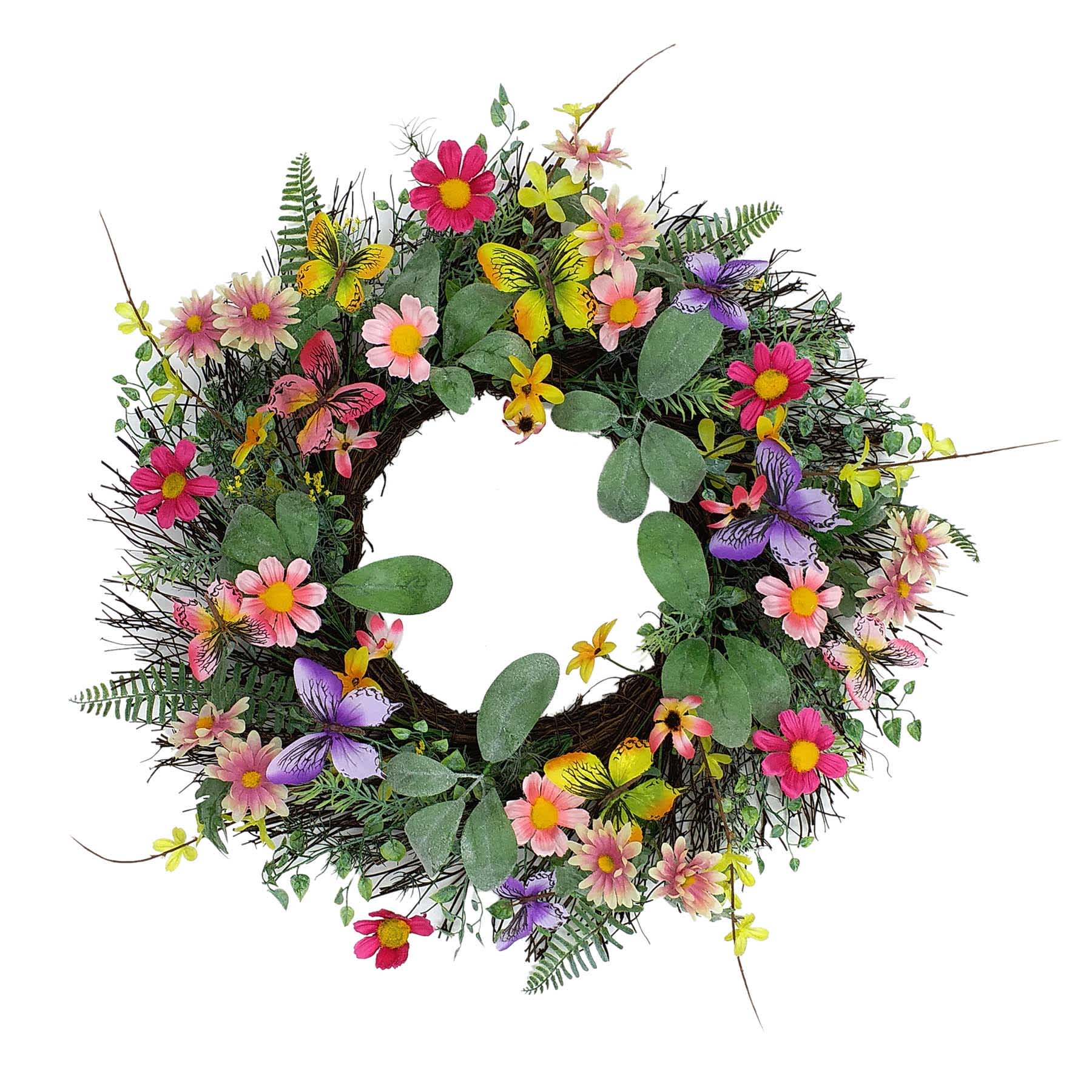 Yellow & Purple Daisy with Butterflies Floral Wreath, 24"