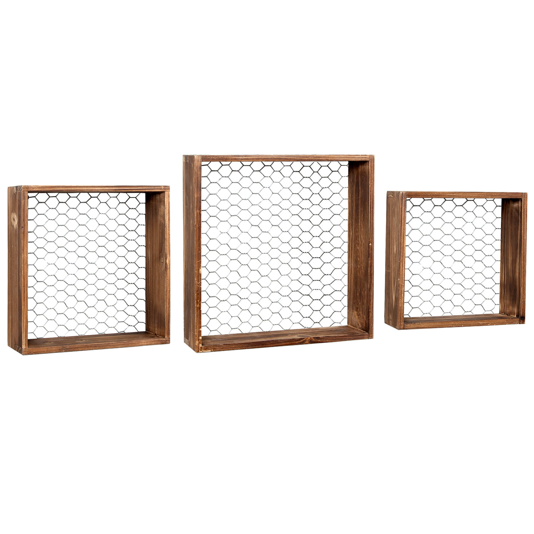 3-Piece Brown Wooden Cube Chicken Wire Shelf Set, 14"