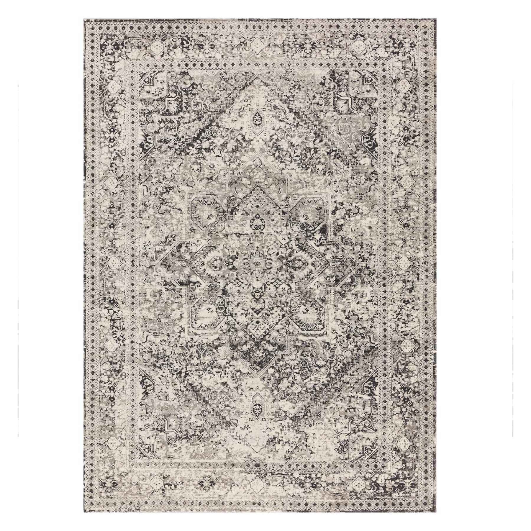 (B548) Providence Villa Dark Grey & Cream Distressed Look Area Rug, 8x10