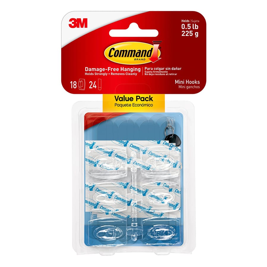 Command? Mini Clear Hooks with Clear Strips 18-Hooks, 24-Strips/Pack