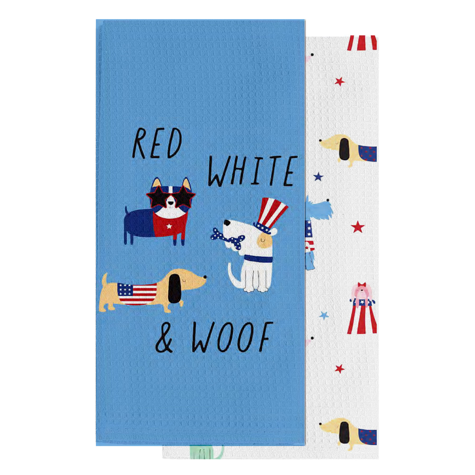 Set of 2 Patriotic Red White Woof Kitchen Towels