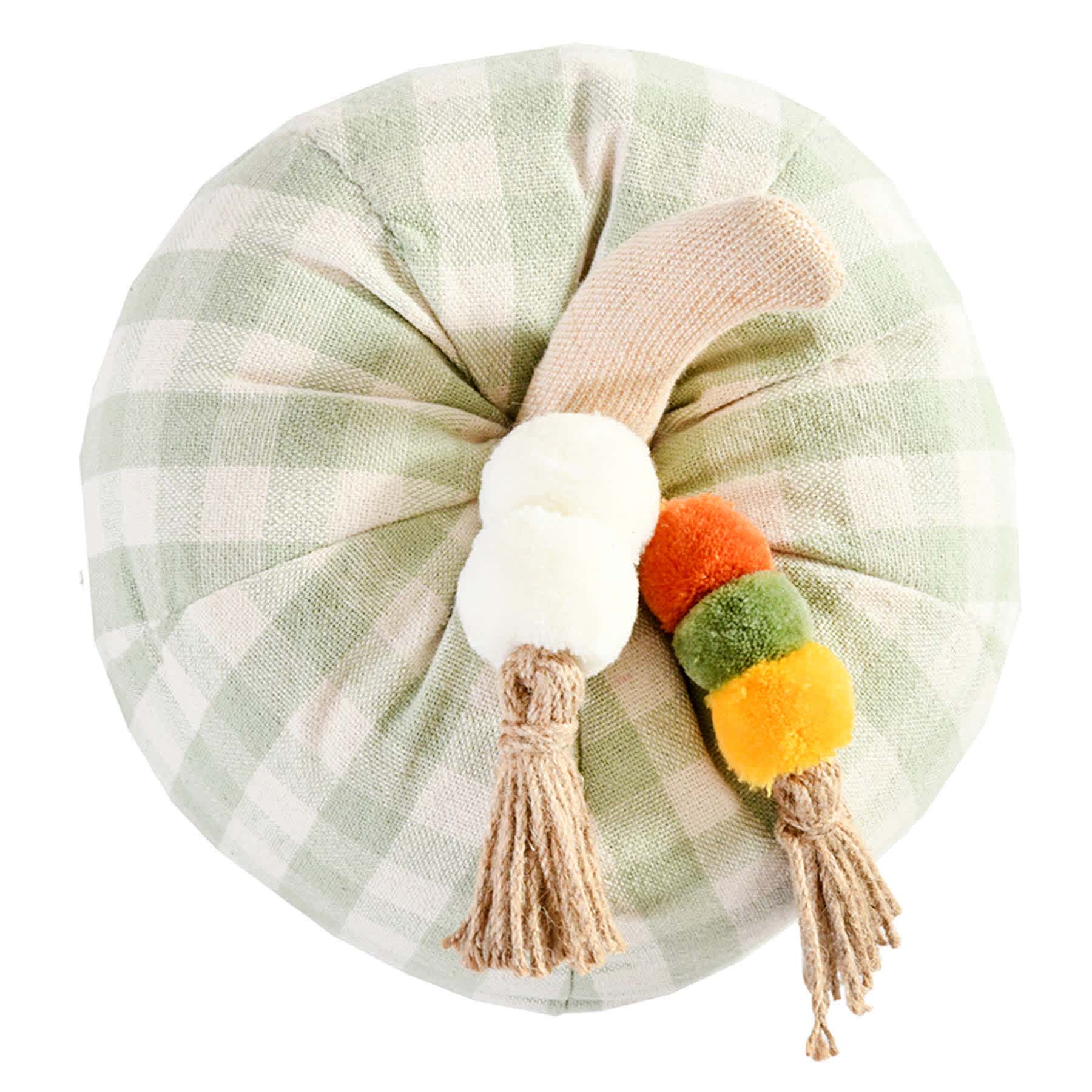Homespun Harvest Green Gingham Pumpkin Shaped Throw Pillow