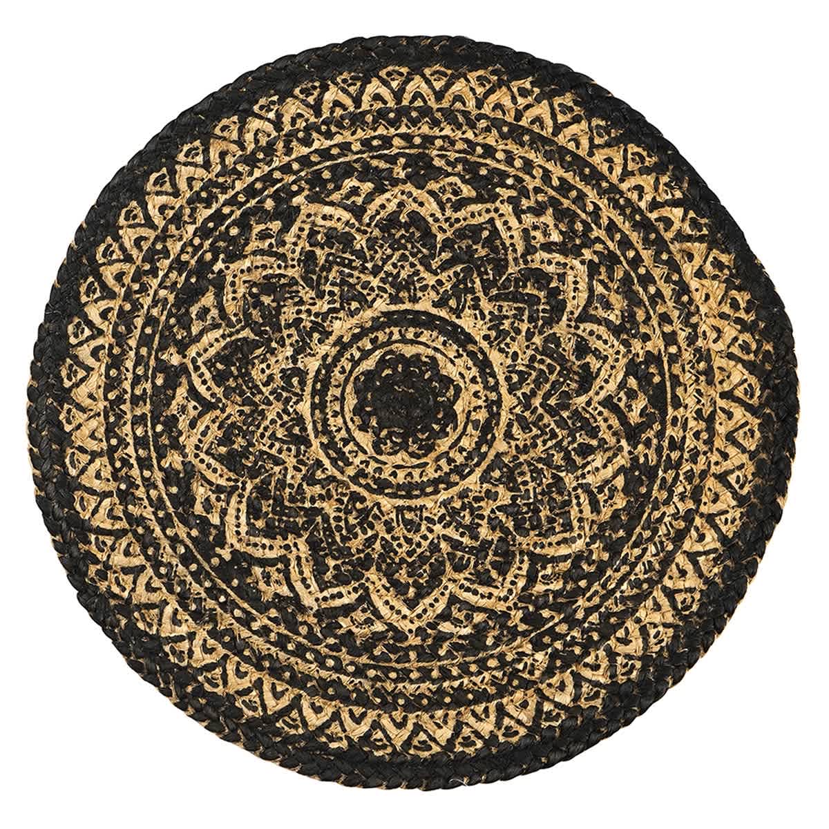 Black Mandala Printed Natural Jute Braided Placemat, 15"