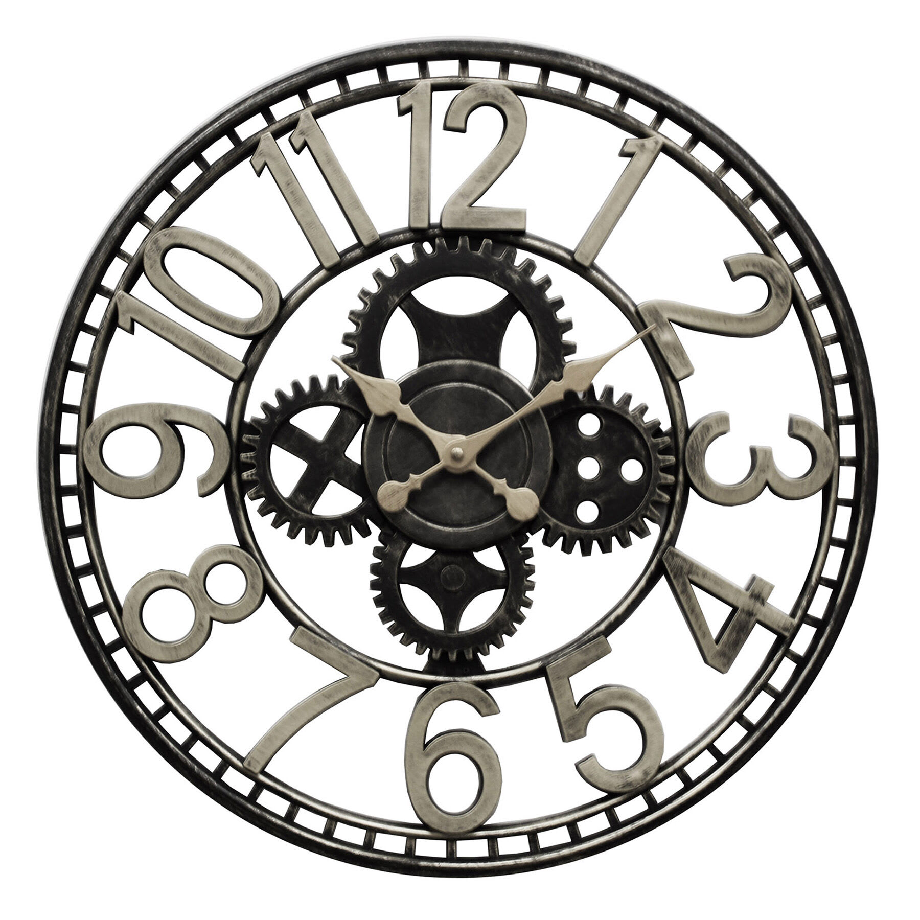 Black & Silver Round Wall Clock with Cutout Gear & Open Hands, 20"
