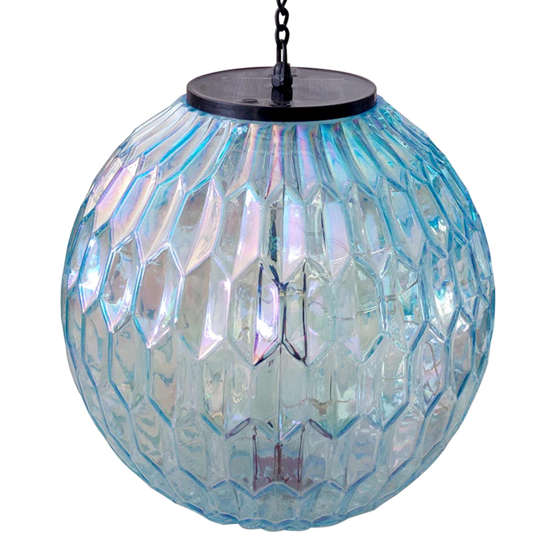 LED Iridescent Blue Glass Hanging Ball Outdoor Solar Lantern, 8"