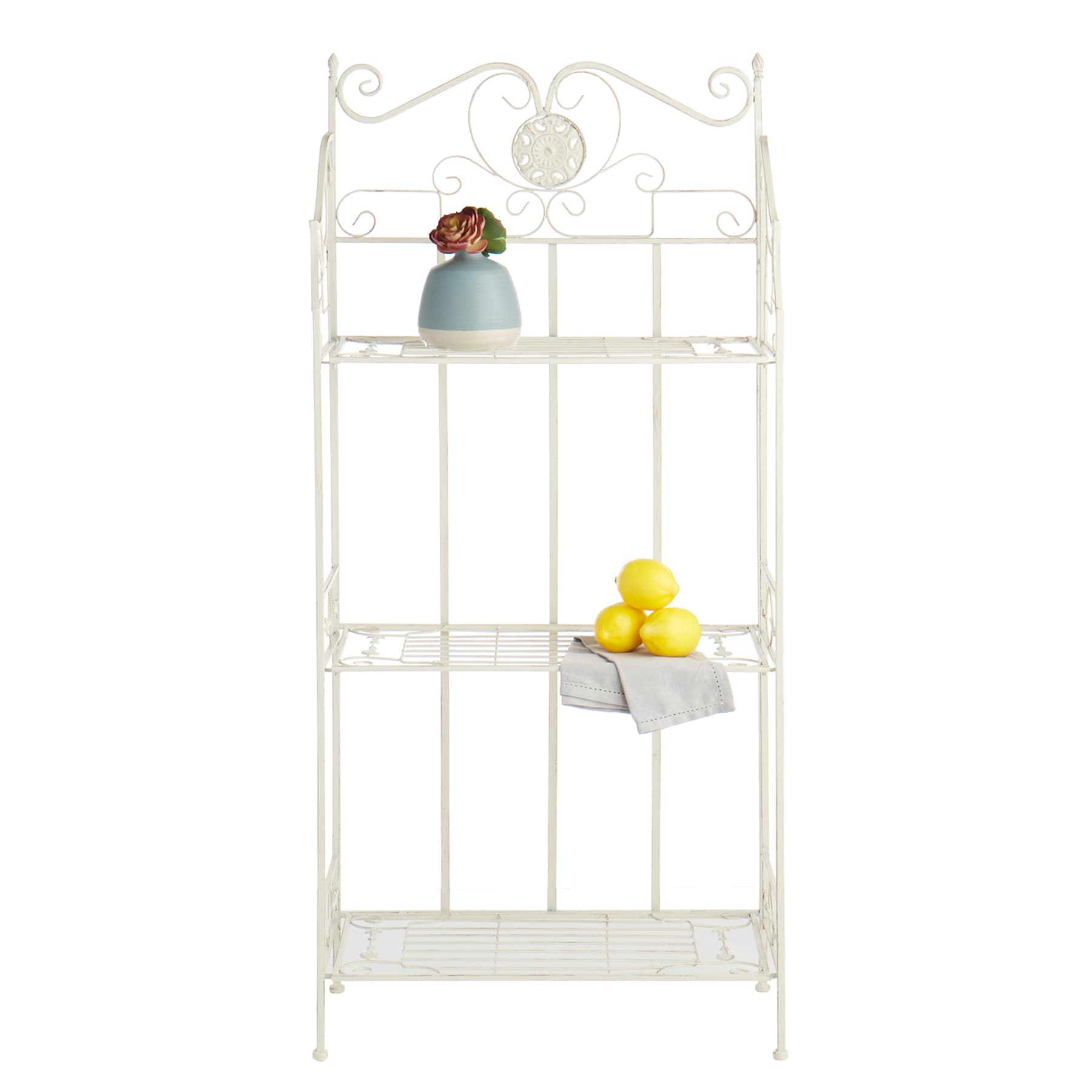 Antique White Metal Baker's Rack with Folding Shelves, 51"
