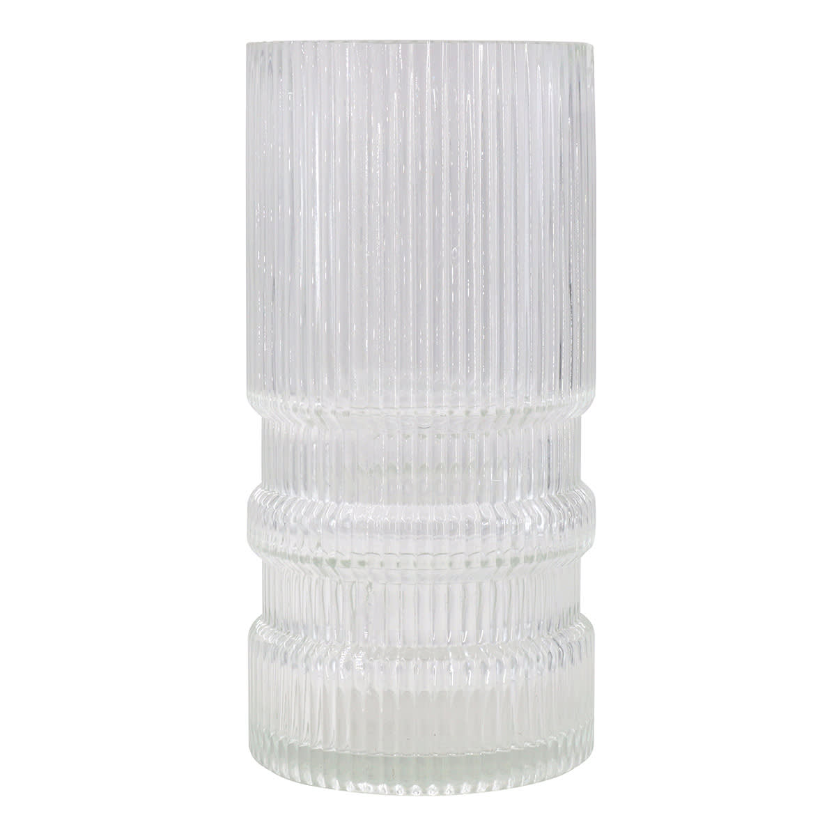 Ribbed Cylindrical Clear Glass Vase, 10"