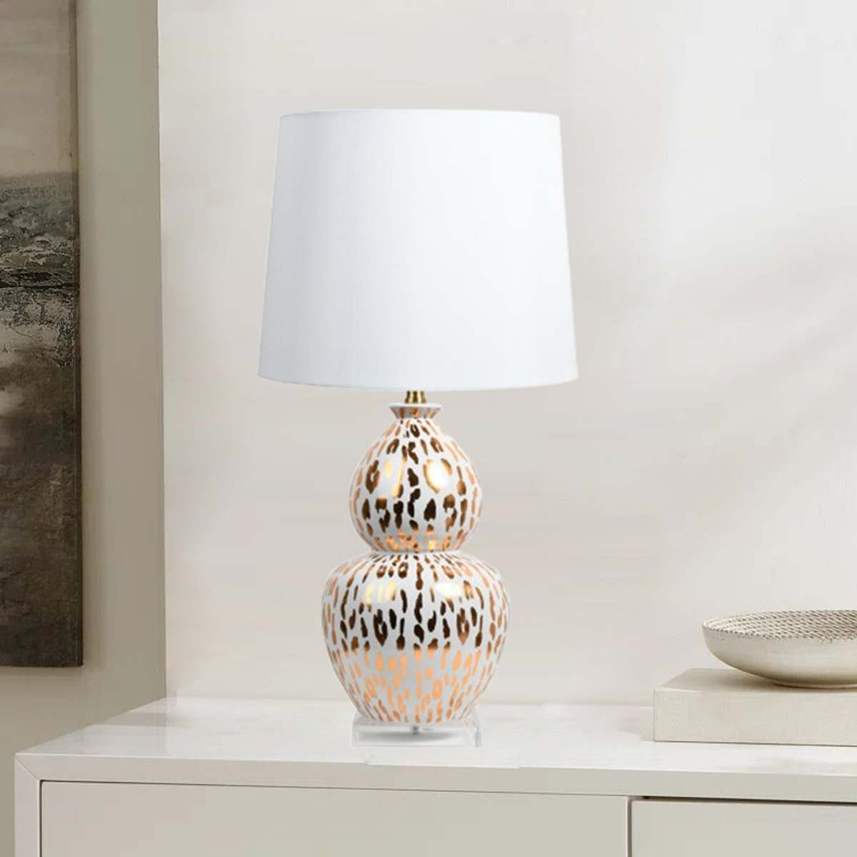 Gold Cheetah Ceramic Double Gourd Medium Lamp w ith Shade, 27
