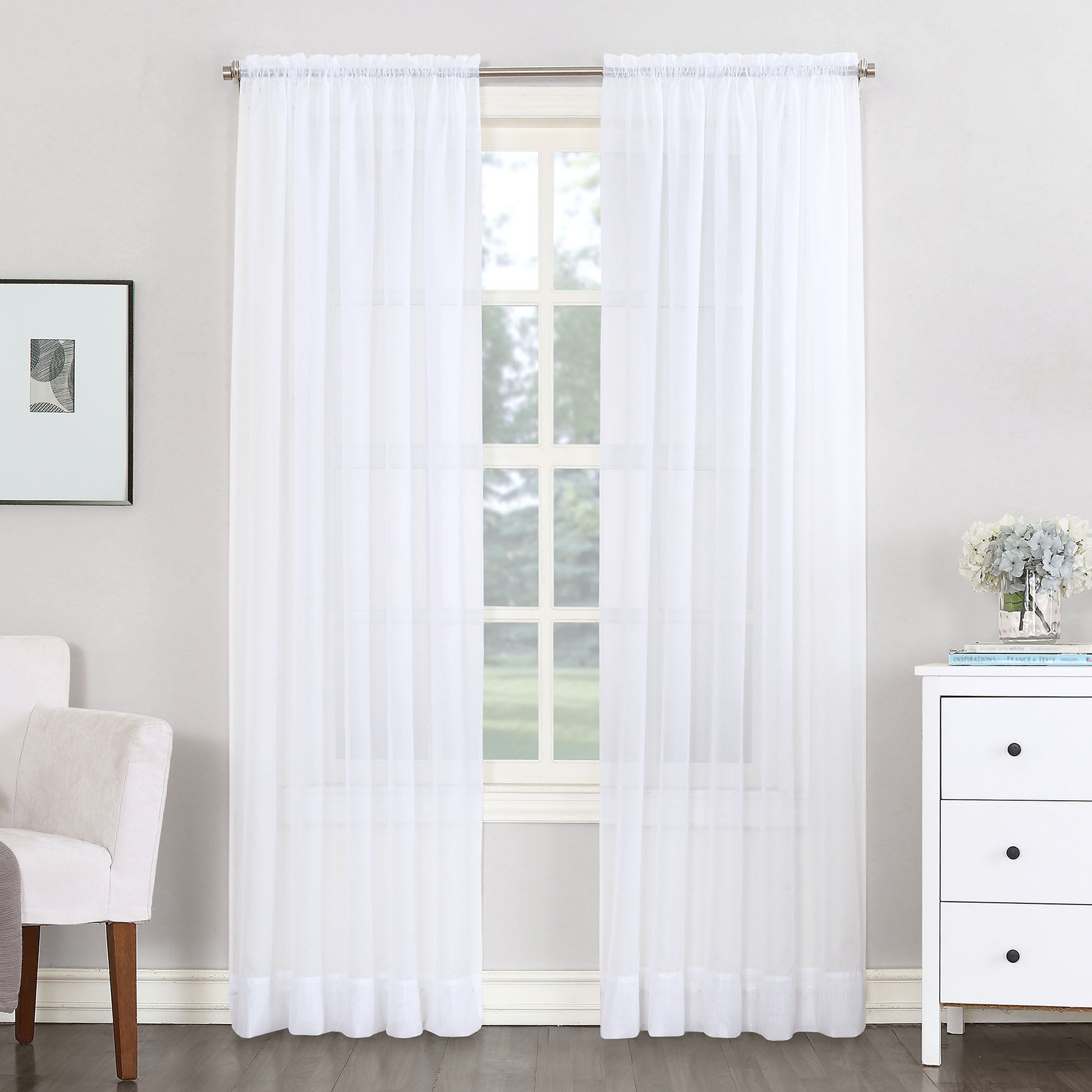 Emily White Rod Pocket Sheer Voile Curtain Panel, 84"