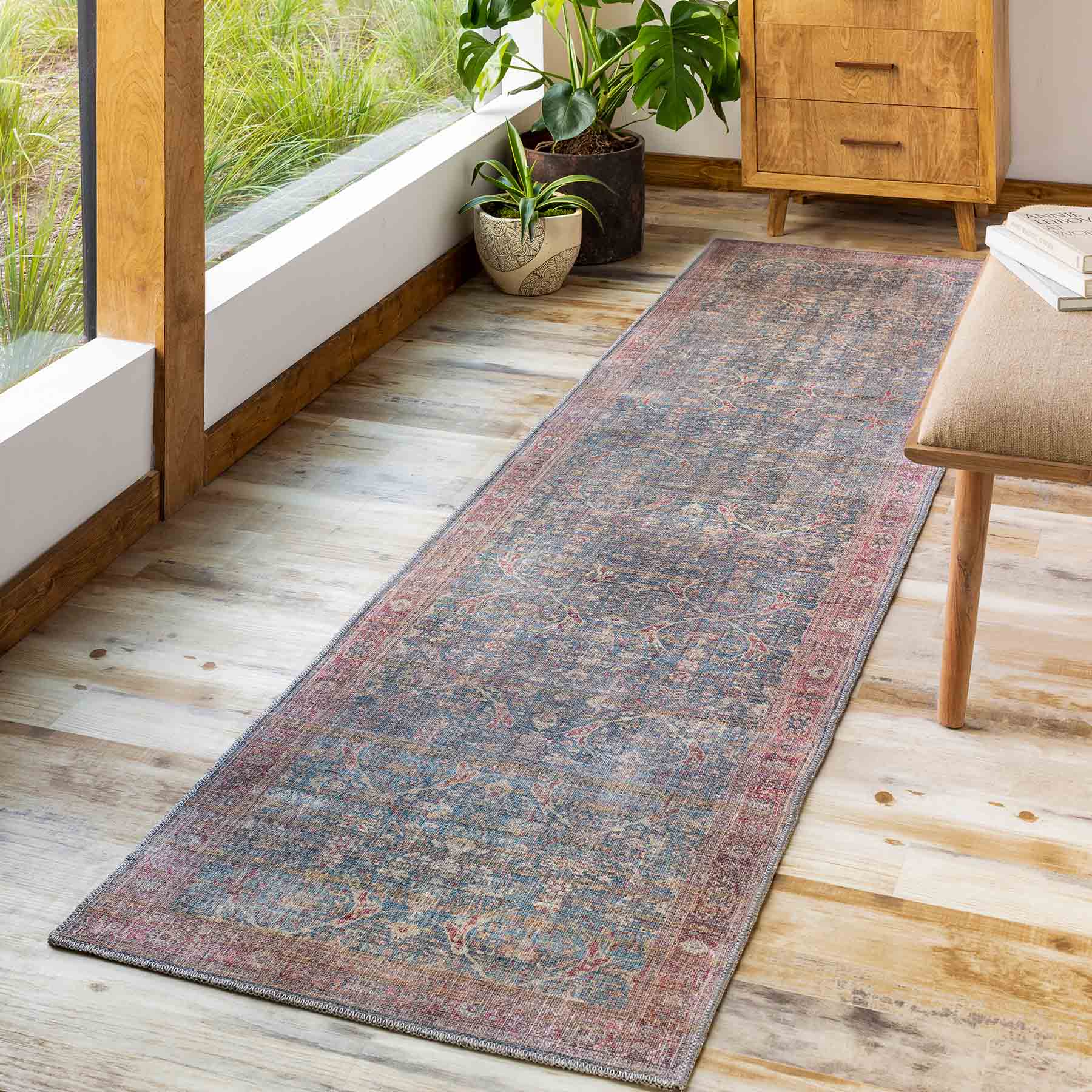 (B860) Honeybloom Colin Red & Blue Floral Medallion Washable Runner, 2x7