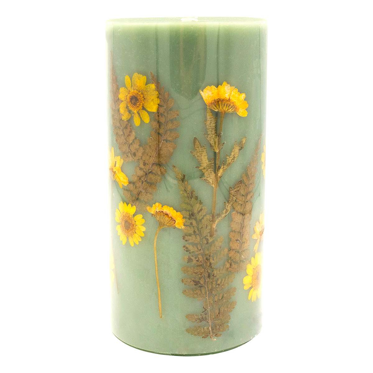 Yellow Dried Flower Embedded Green Unscented Pillar Candle, 3x6