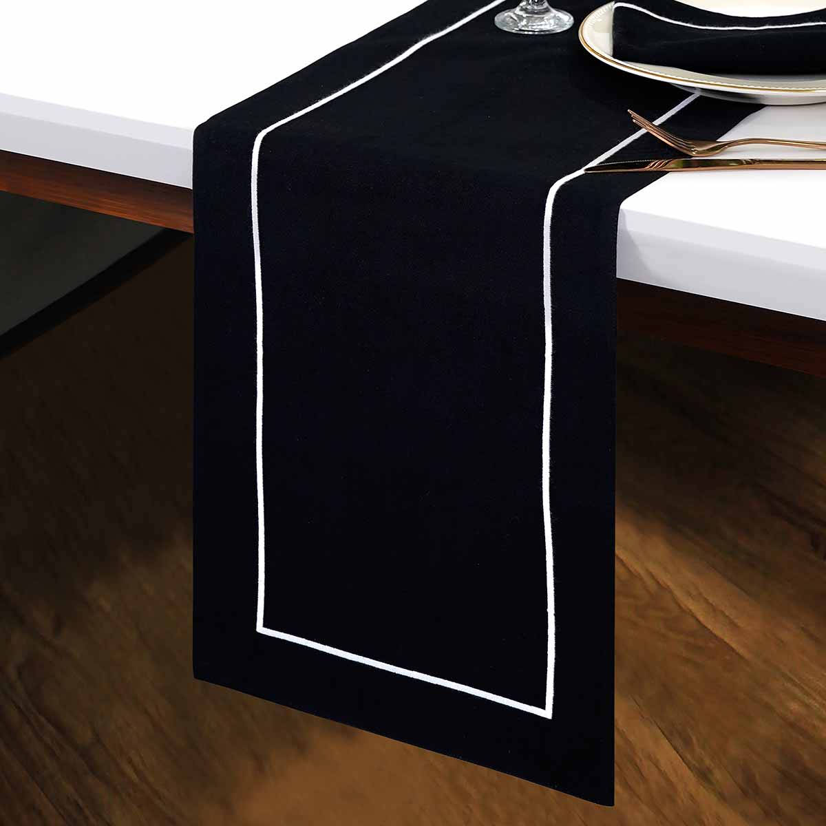 Black with White Embroidery Table Runner, 14x72