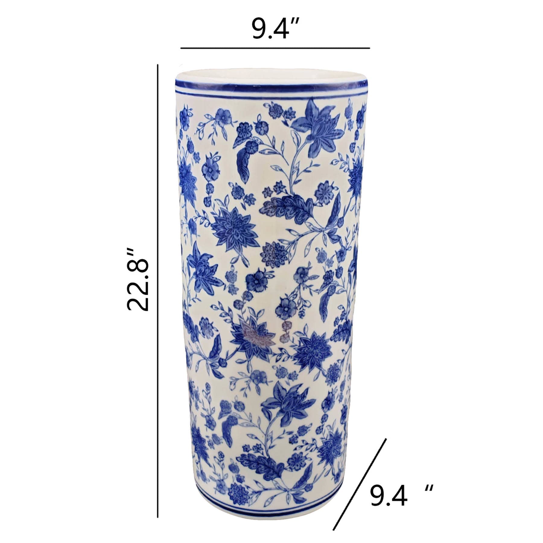 Blue & White Chinoiserie Cylinder Porcelain Vase, 23"