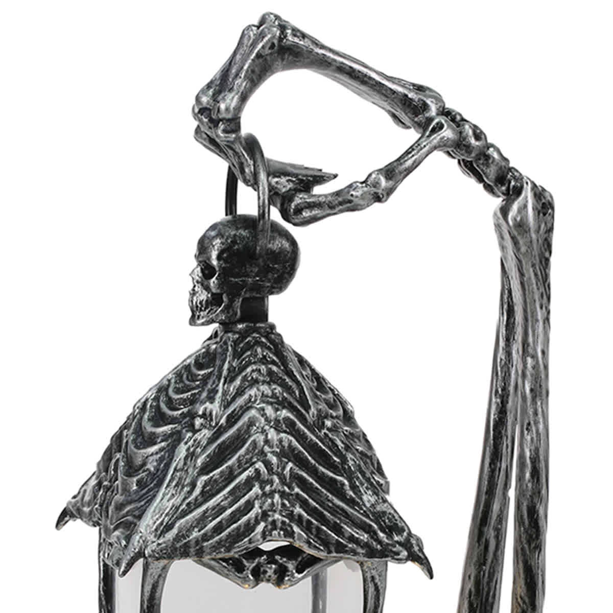Midnight Shadows Black with Silver Finish Halloween Skeleton Lantern, 16.5"