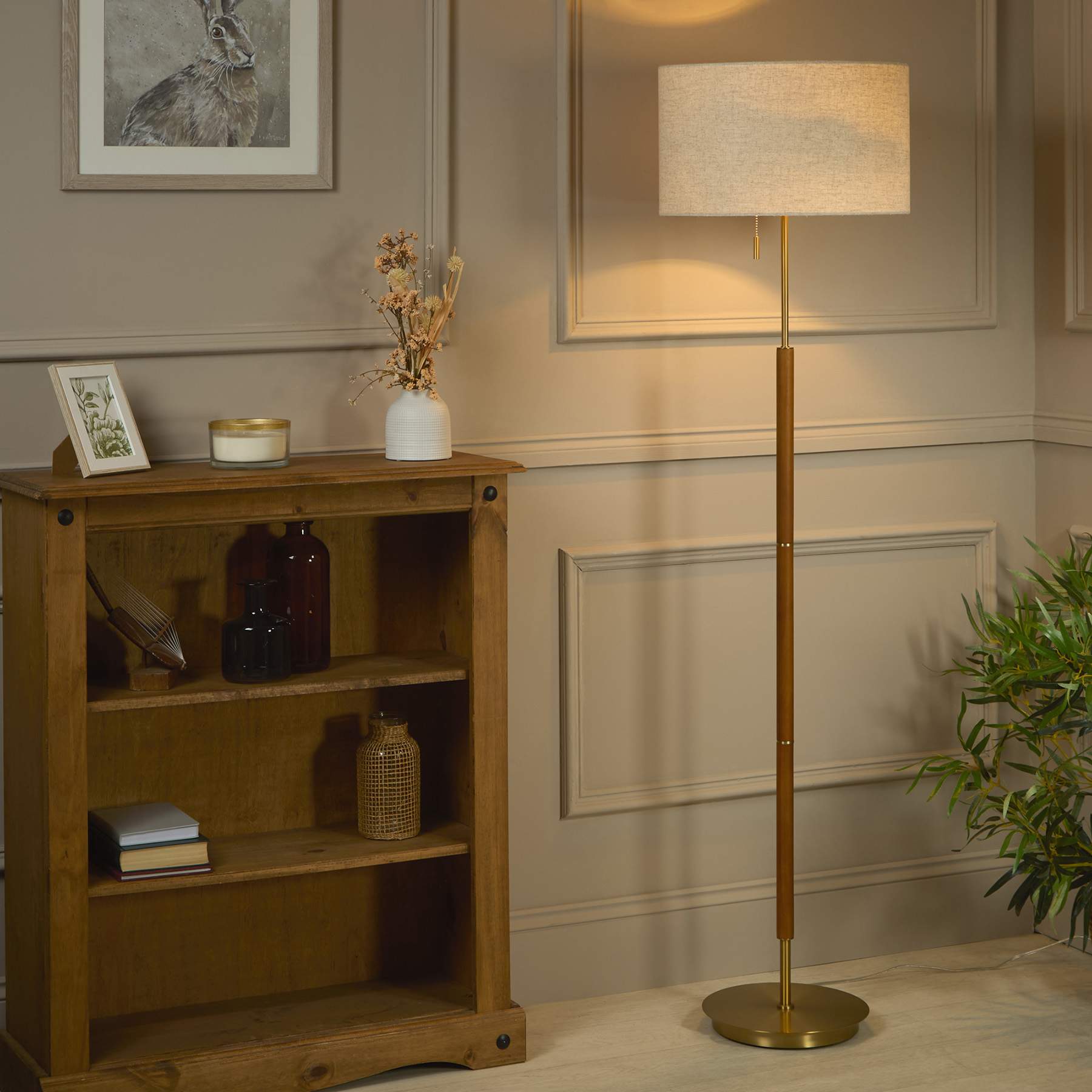 Brown Wood and Metal Floor Lamp with Shade, 68"