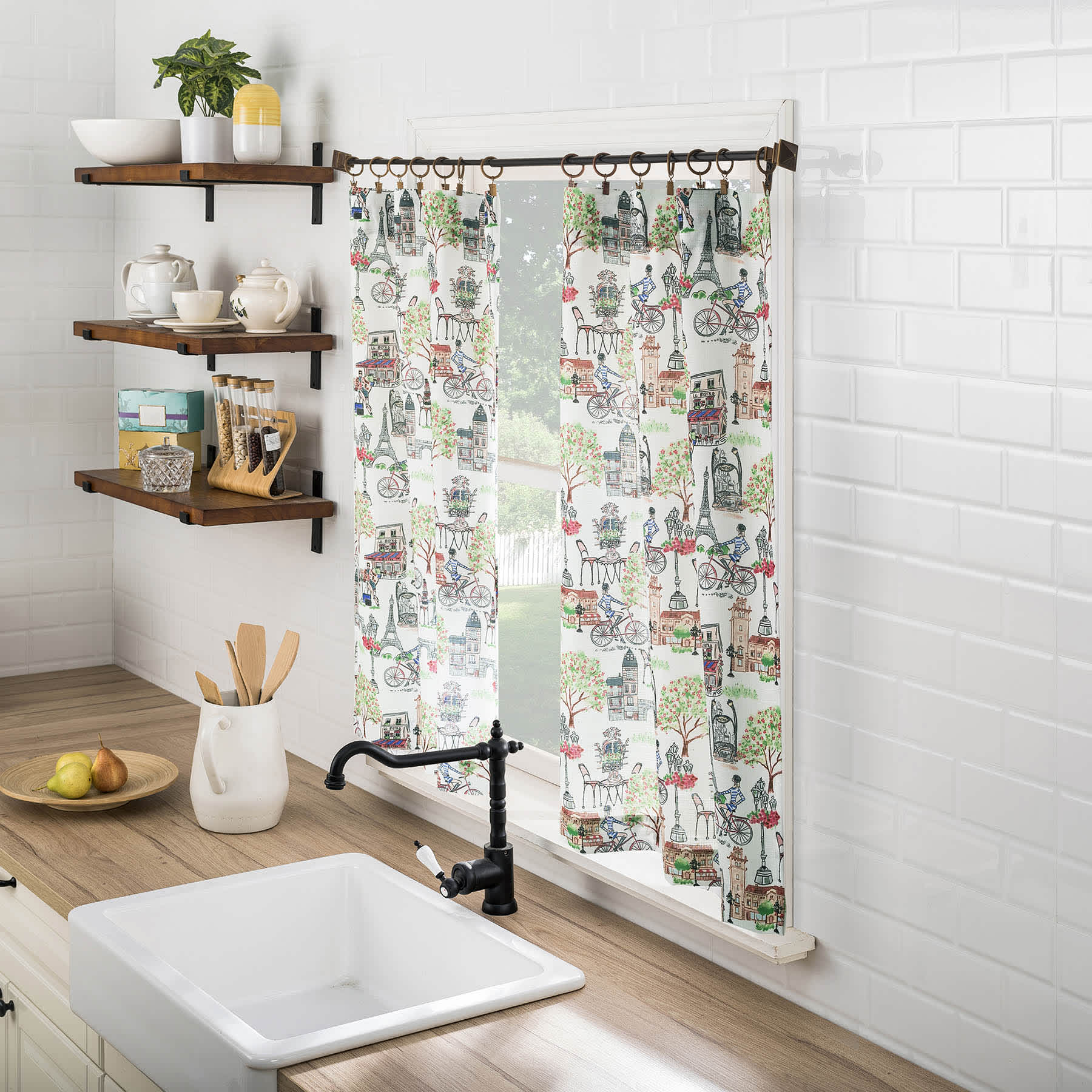 Bonjour White Floral Small Tiered Window Curtain, 54x36