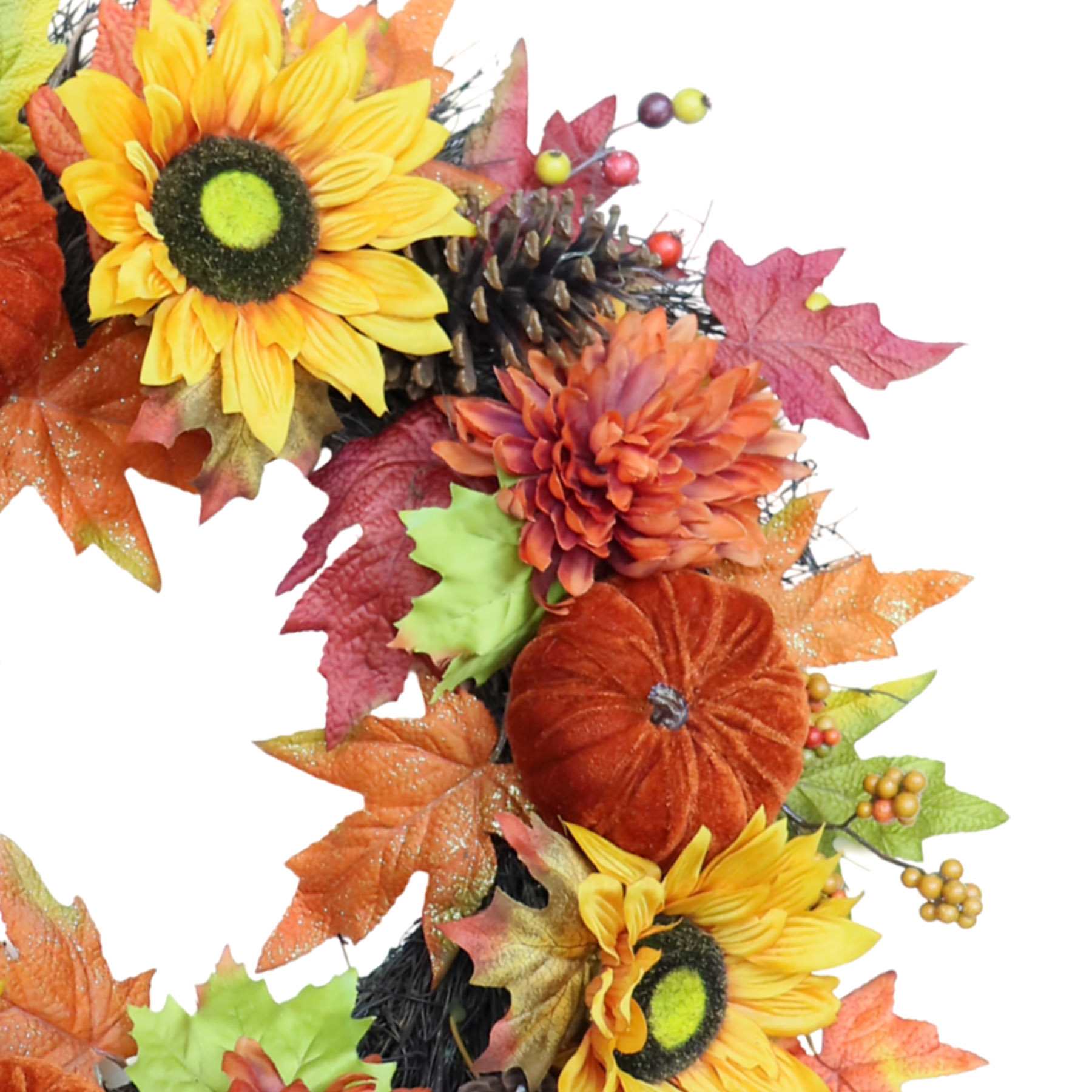 Yellow & Orange Sunflower & Brown Velvet Pumpkin Spiral Wreath, 22"