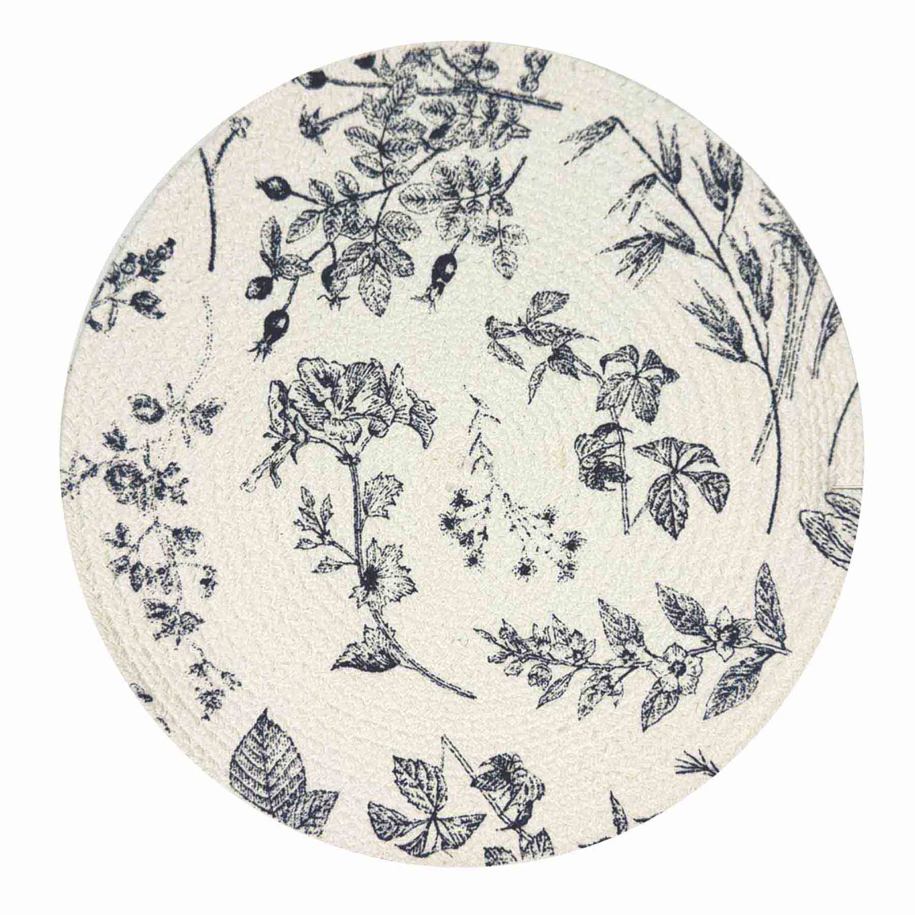 Navy Blue Floral Print Braided Round Placemat, 15"
