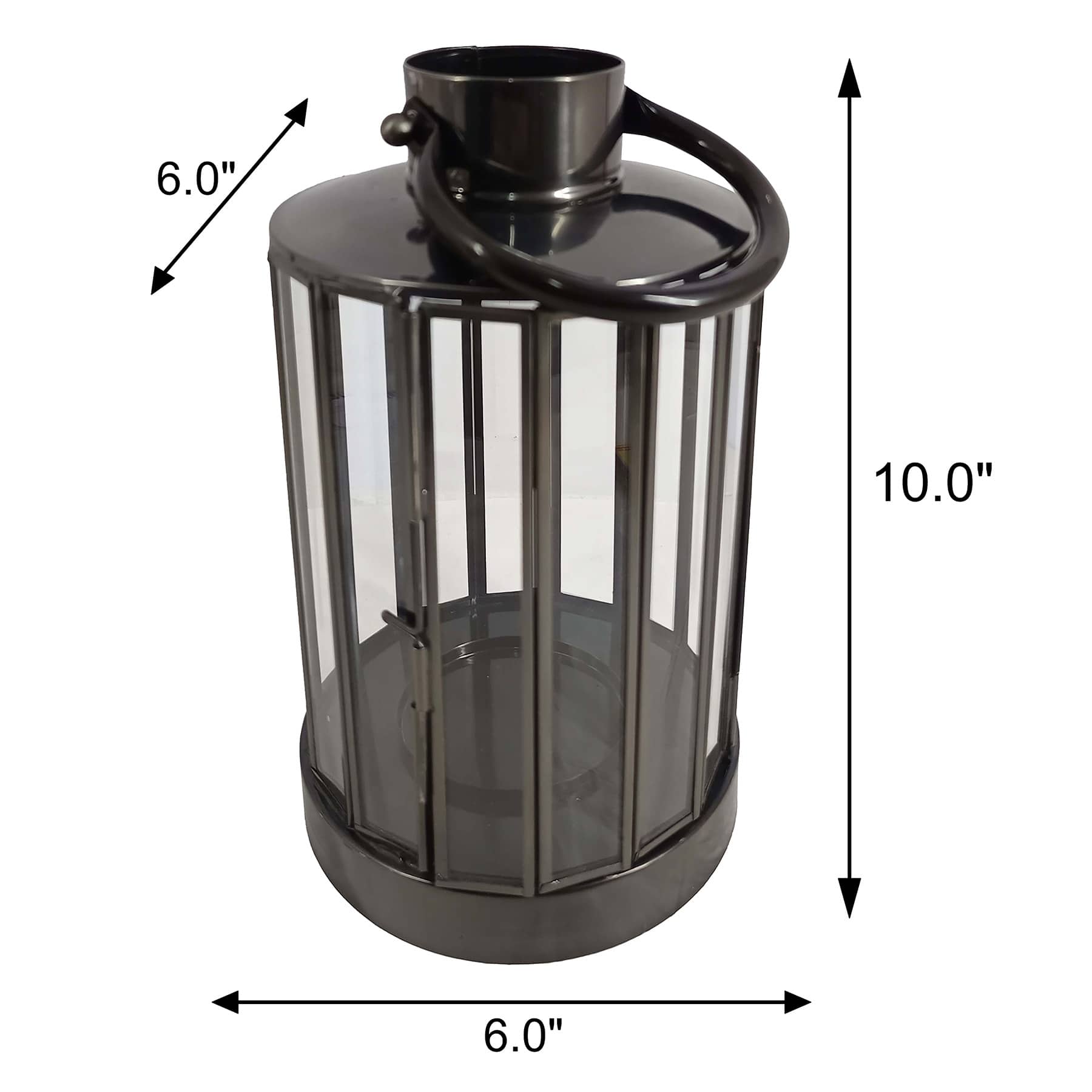 Gunmetal Lantern with Panel Glass, 10"