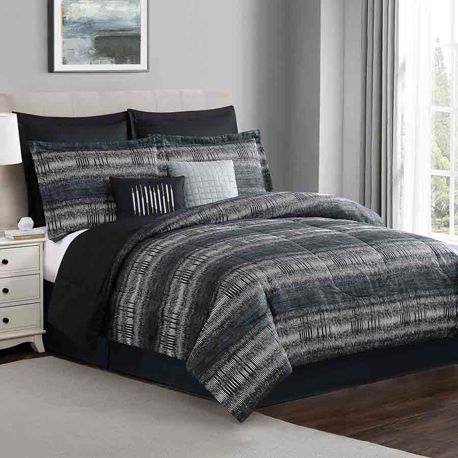 8-Piece Black Striped Essential Comforter Set, Twin