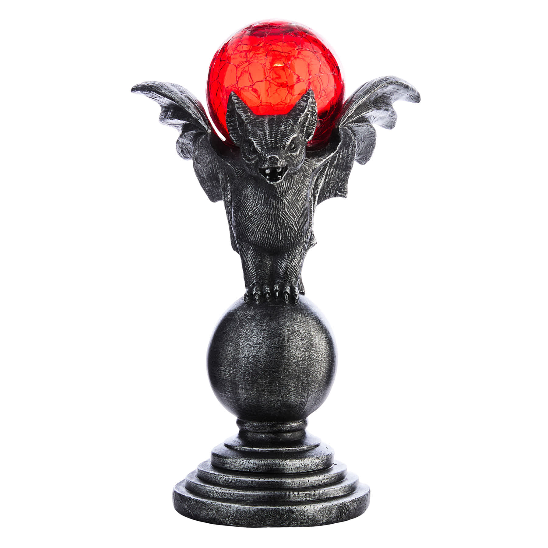 Midnight Shadows Bat on Pedestal with Red LED Crackle Glass Ball, 10"