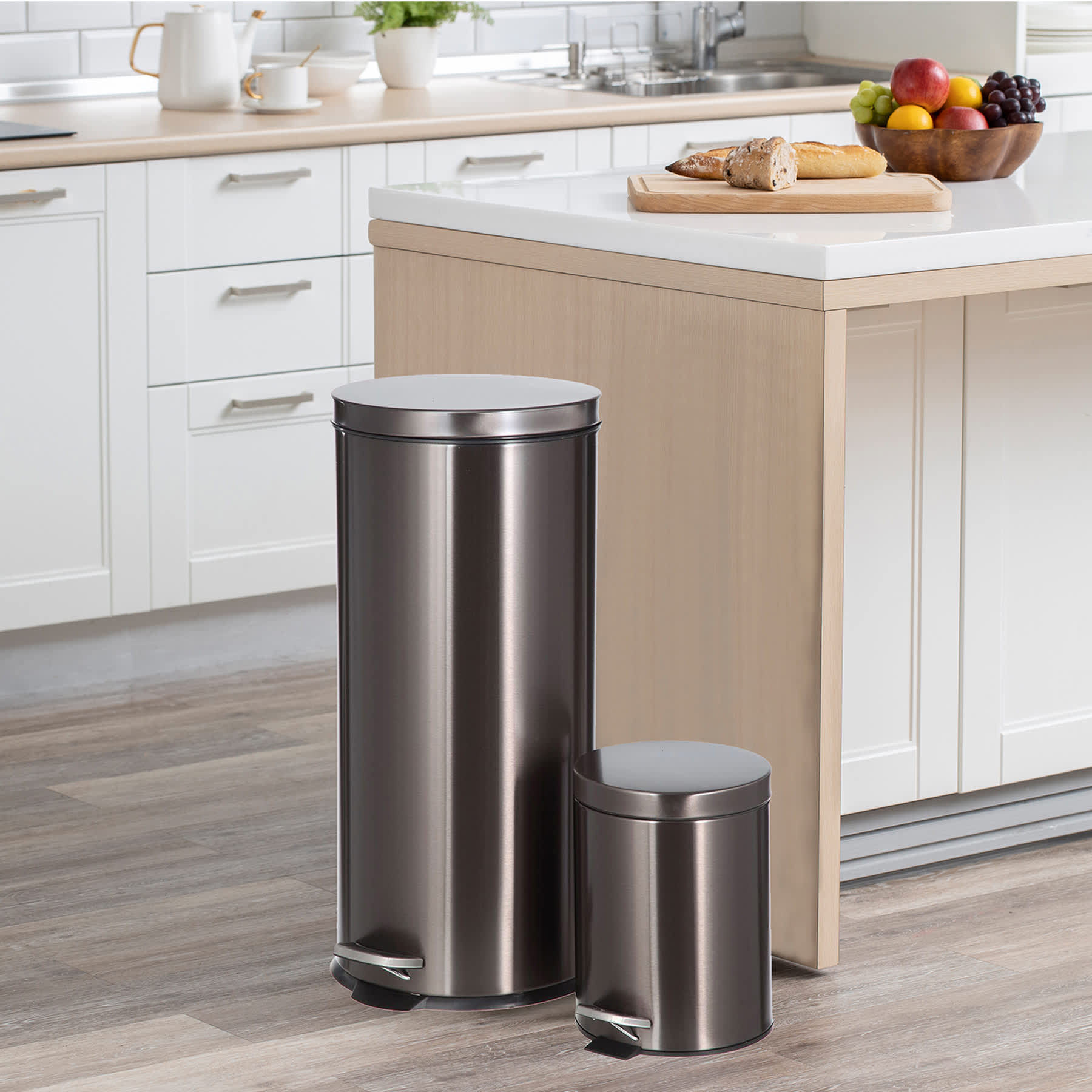 30l Black Stainless Steel Trash Can with Bonus 5l Bin