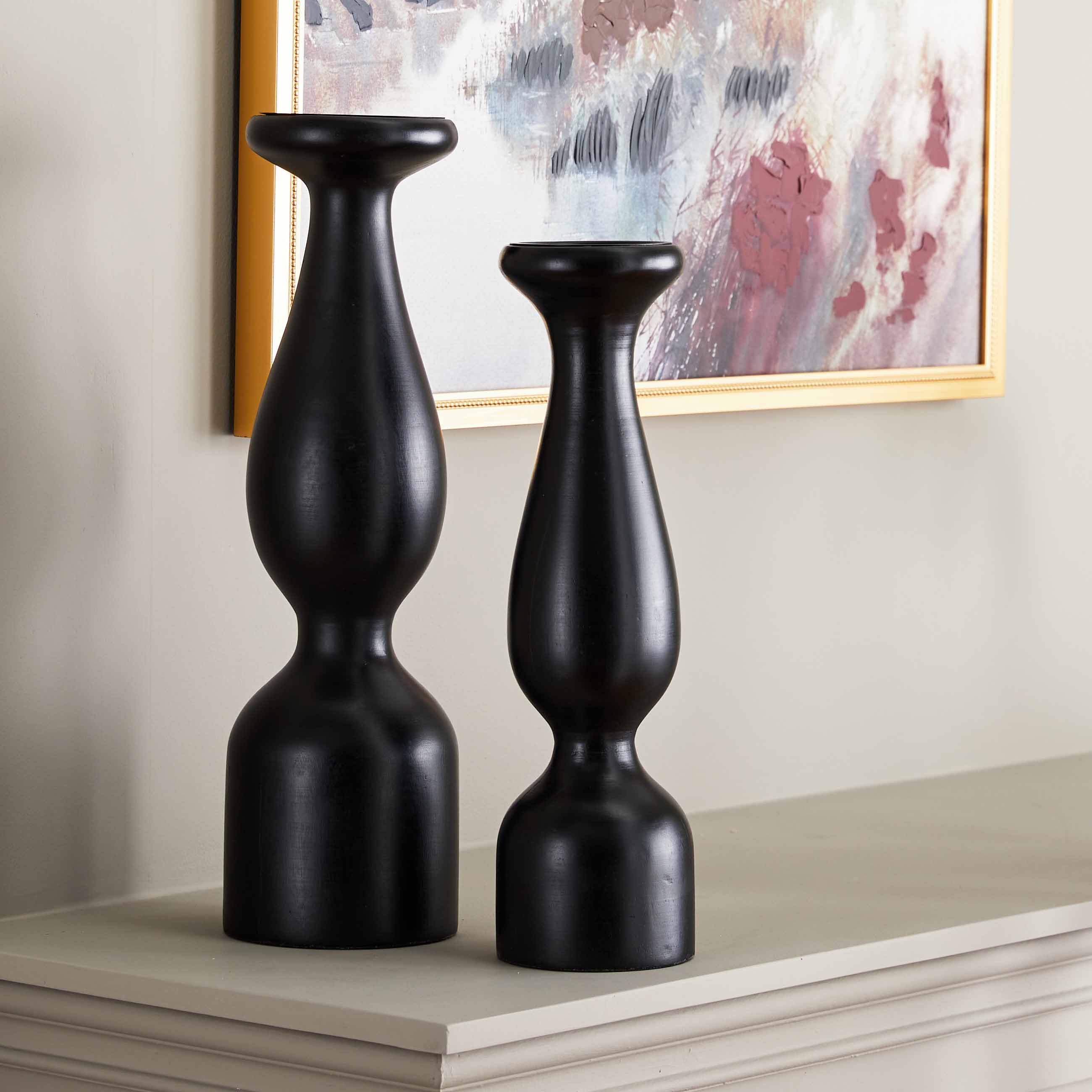 Small Black Wooden Oversized Pillar Candle Holder, 17"