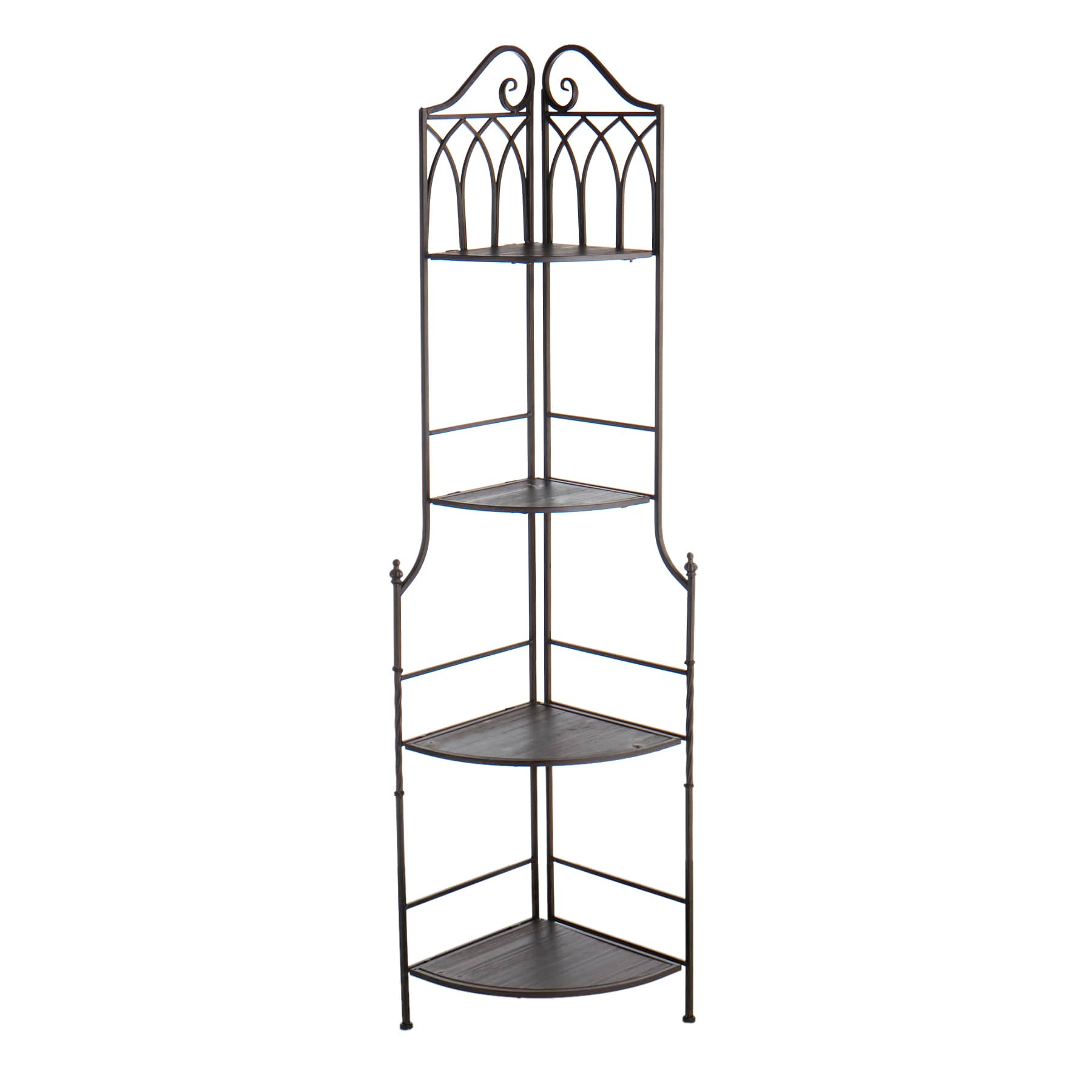 Metal Corner Rack with Brown Decorative Arch & Folding Wooden Shelves, 63"
