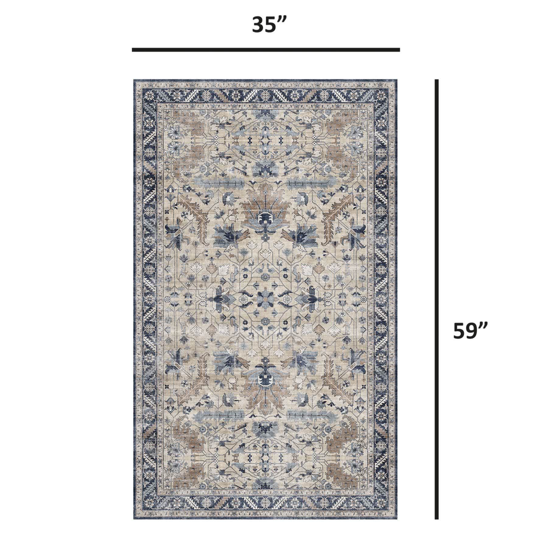 (B876) Dove Ivory & Blue Medallion Washable Accent Rug, 3x5
