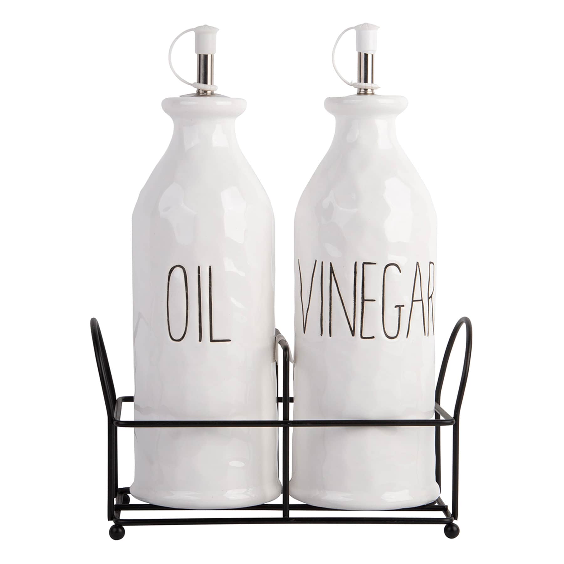 Set of 2 White Oil & Vinegar Bottles with Metal Rack