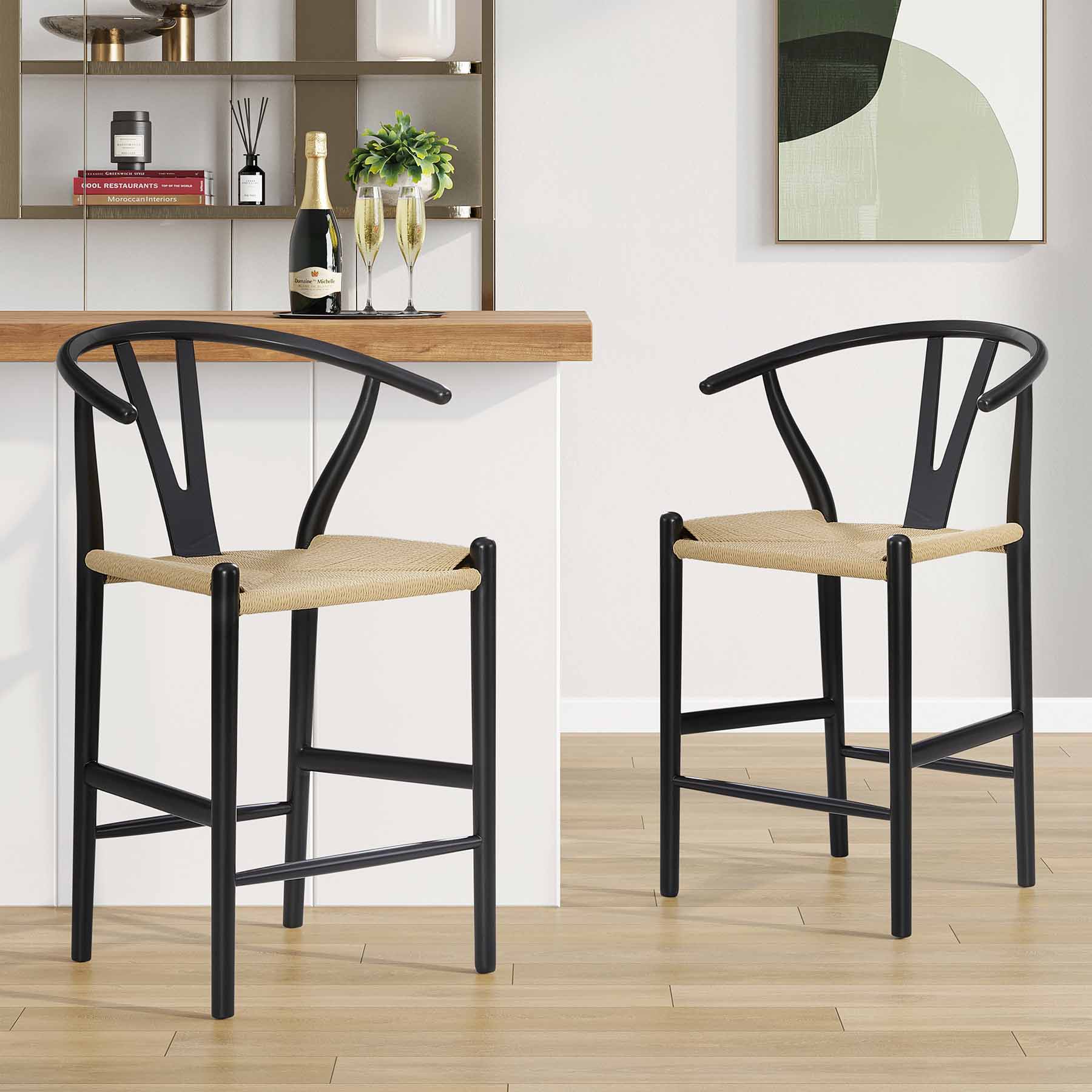 Denise Wishbone Wooden Counter Stool, Black