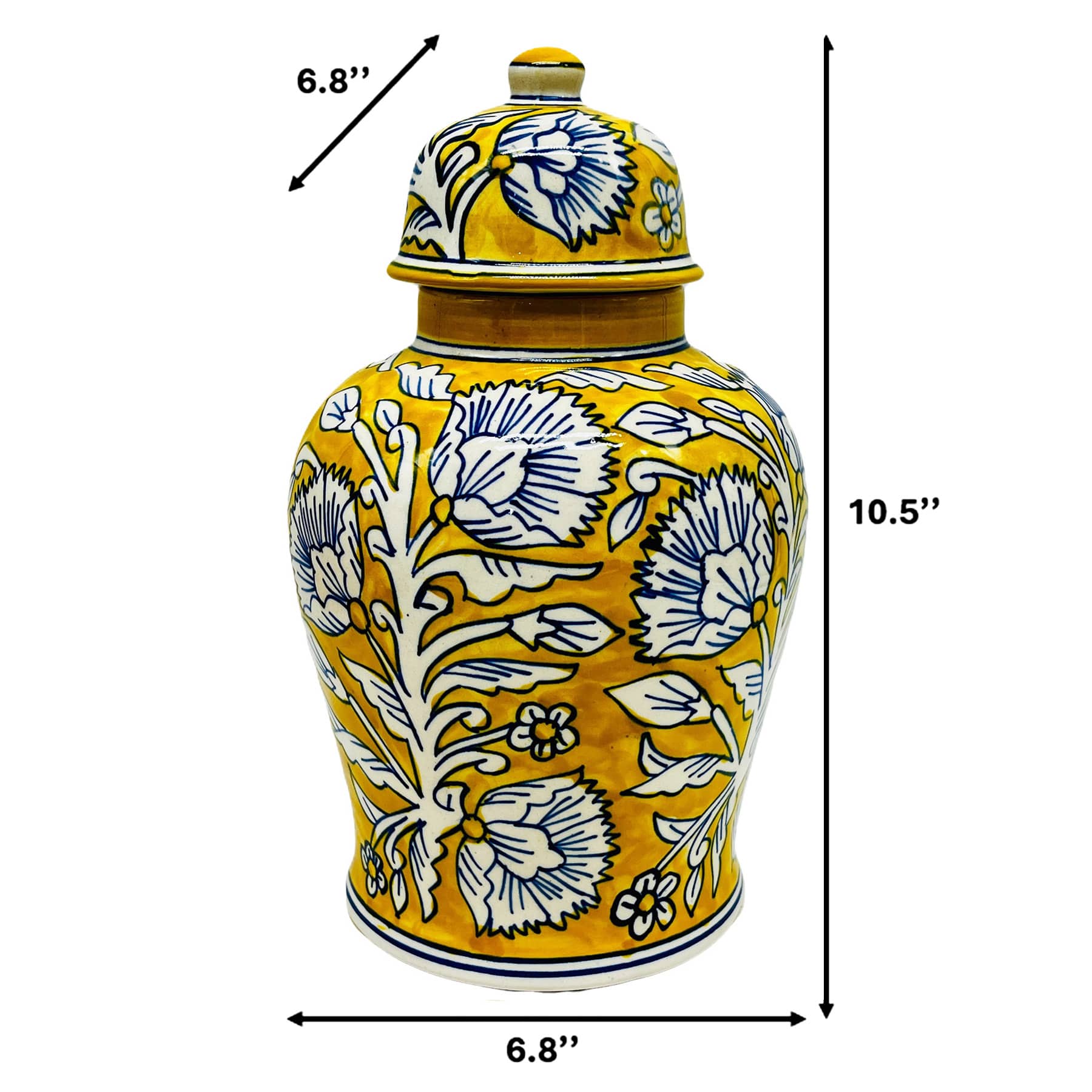 Yellow & Blue Handpainted Floral Ceramic Ginger Jar, 10.5''