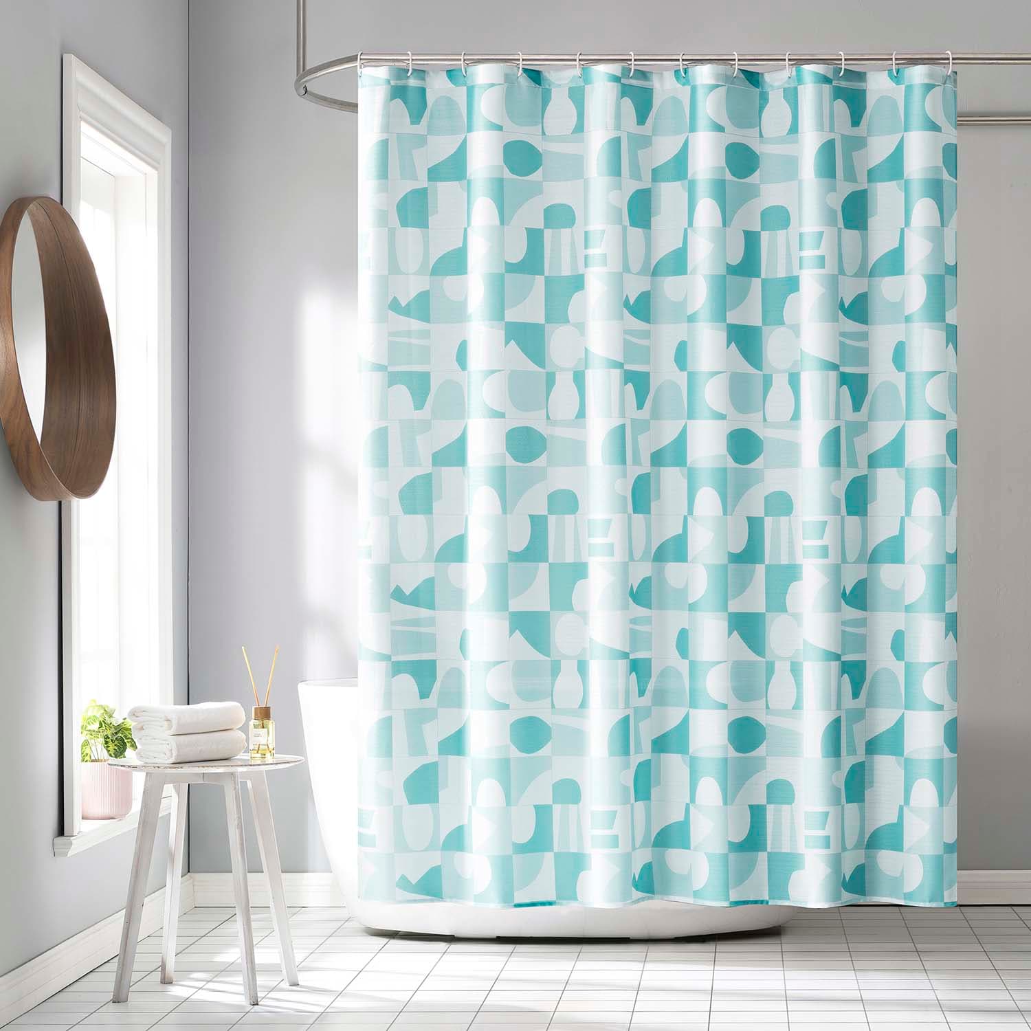 13-Piece Mazi Turquoise Geometric Shower Curtain Set, 70x72