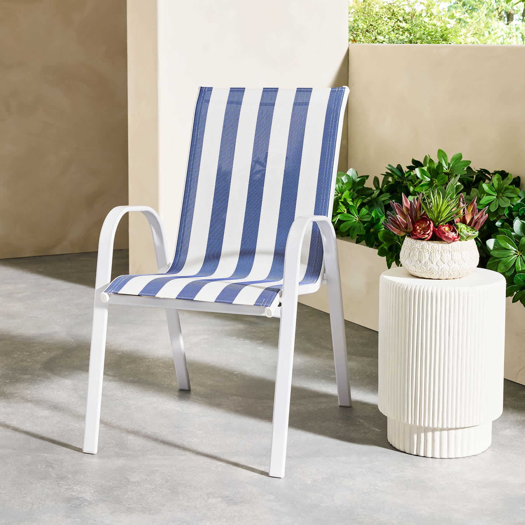 Stackable Sling Patio Chair, Blue & White Cabana